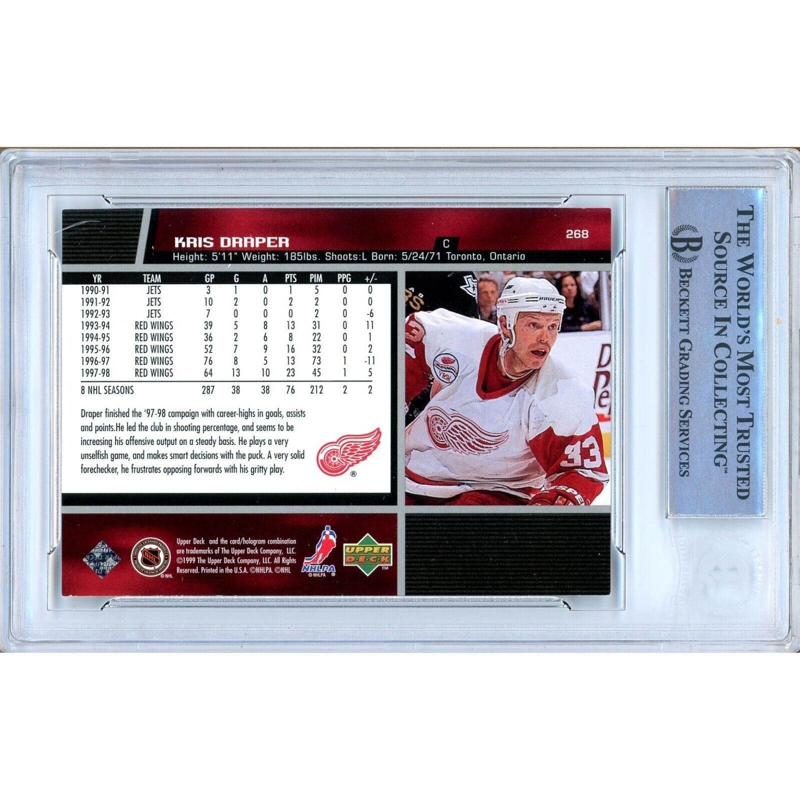 1998 Upper Deck #268 Kris Draper Detroit Red Wings Signed Trading Card – Beckett BAS.