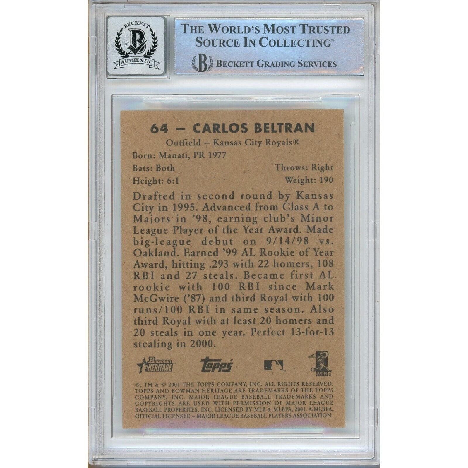 2001 Bowman Carlos Beltran Kansas City Royals Signed Trading Card – Beckett BAS