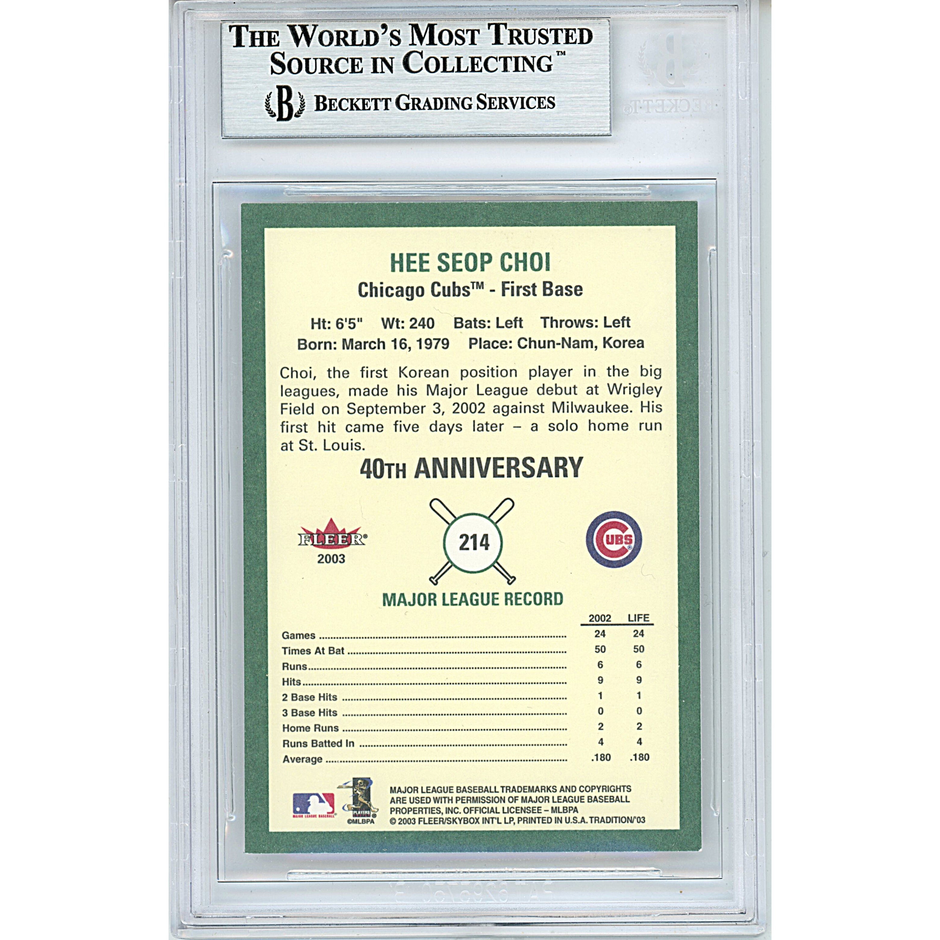 Hee Seop Fleer Tradition Signed Trading Card Beckett BGS