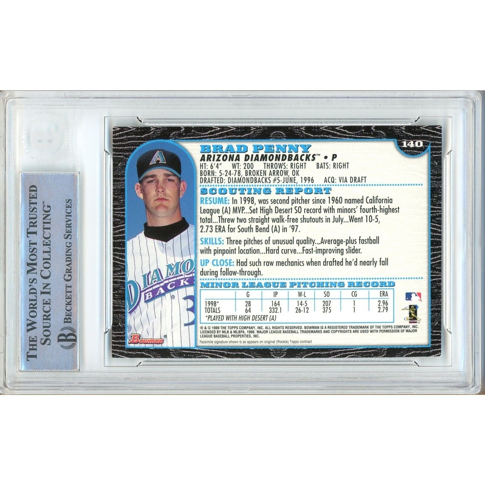 1999 Bowman Brad Penny AZ Diamondbacks Signed Trading Card – Beckett BAS