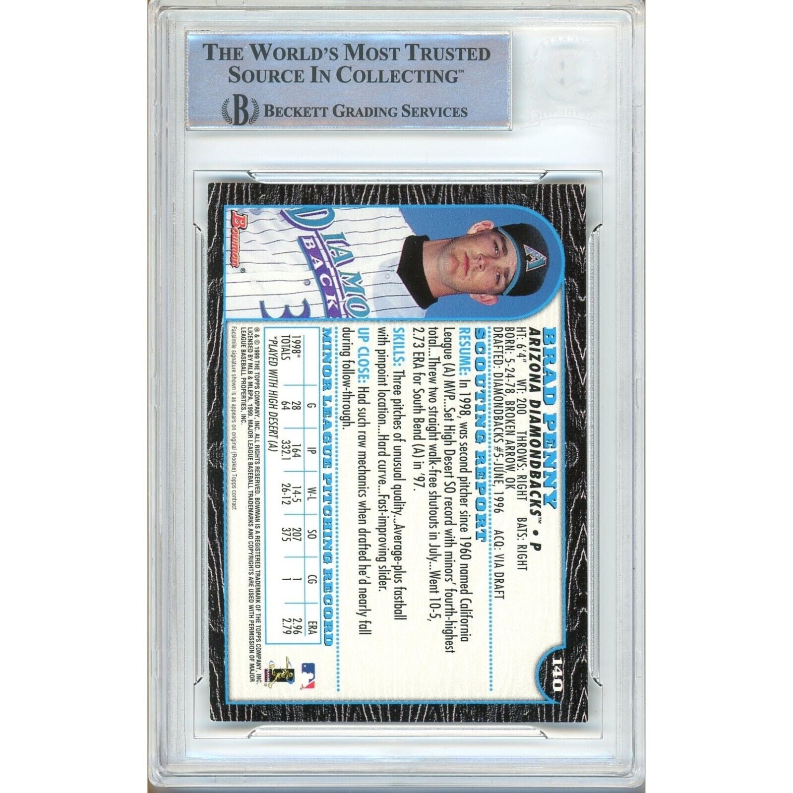 1999 Bowman Brad Penny AZ Diamondbacks Autograph Trading Card – Beckett BAS
