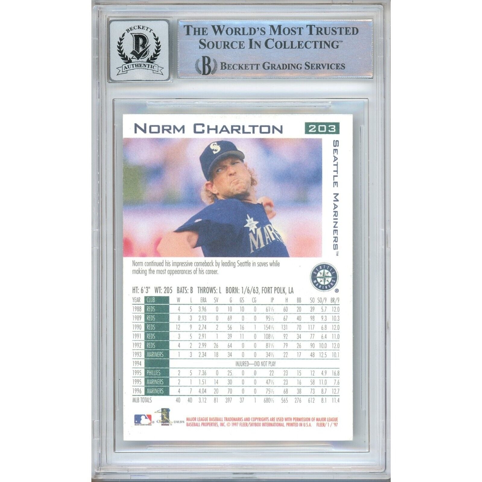 Norm Charlton Seattle Mariners signed trading card – signature close-up – Beckett COA