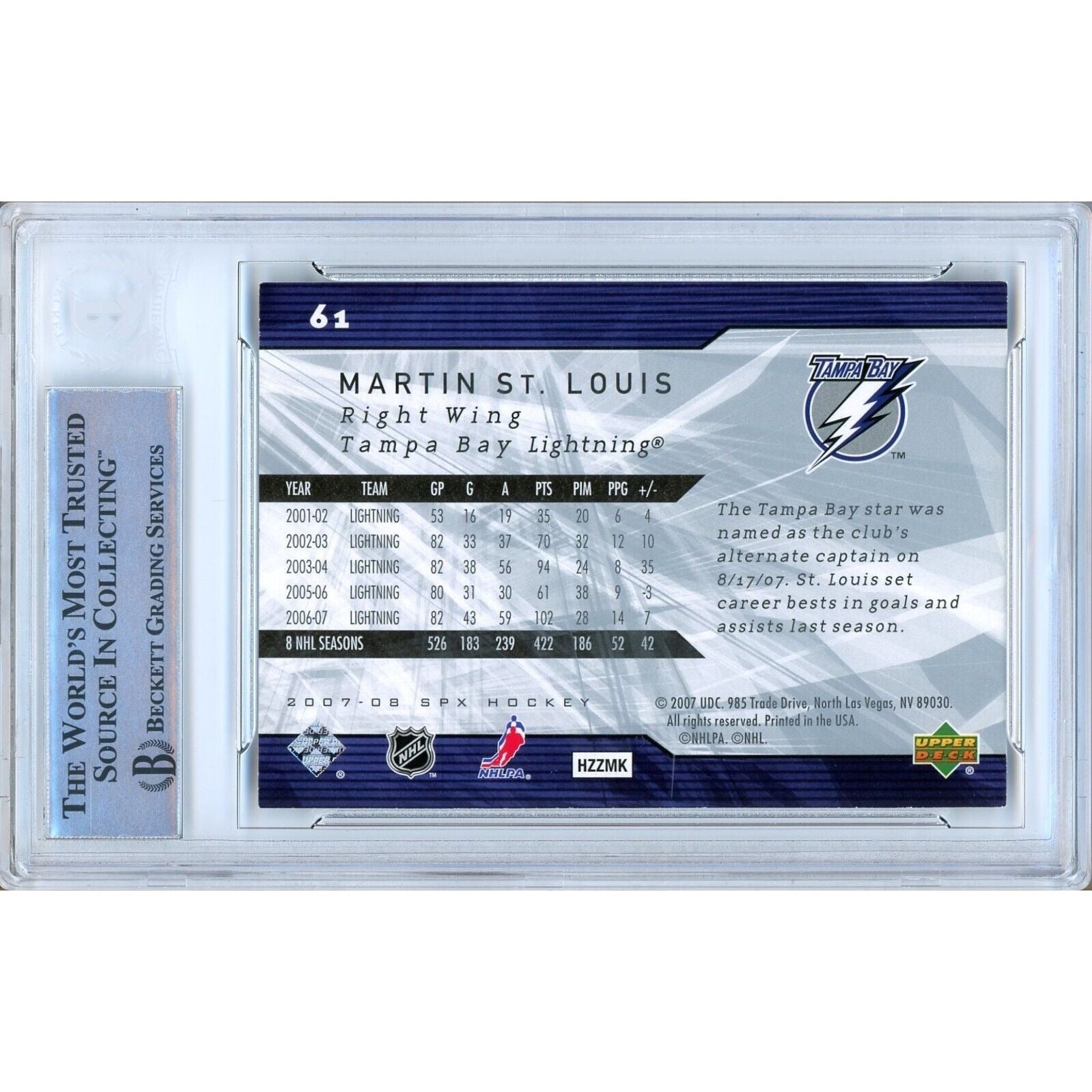 Martin St Louis Tampa Bay Lightning auto trading card – authentication sticker – Beckett COA