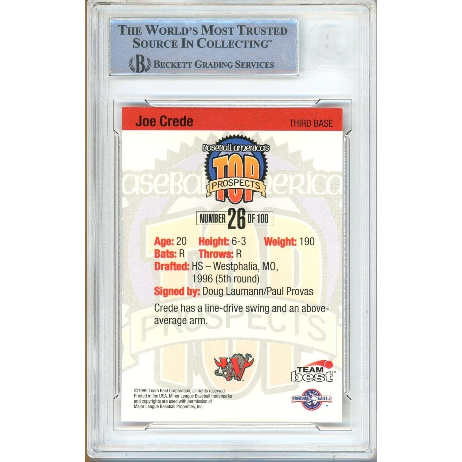 1999 Team Best Joe Crede Signed Trading Card – Beckett BAS