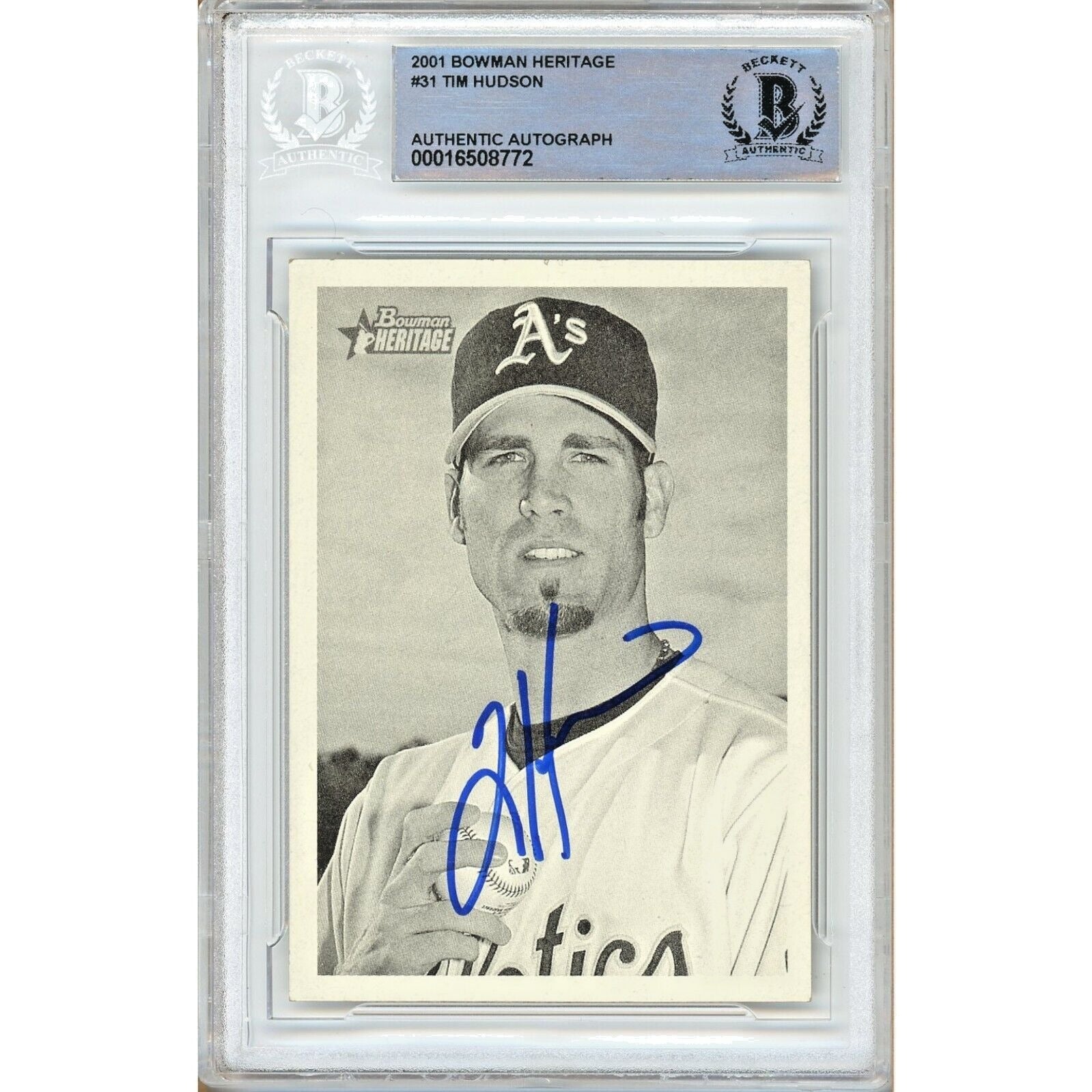 Tim Hudson Oakland Athletics autographed trading card – full view – Beckett COA
