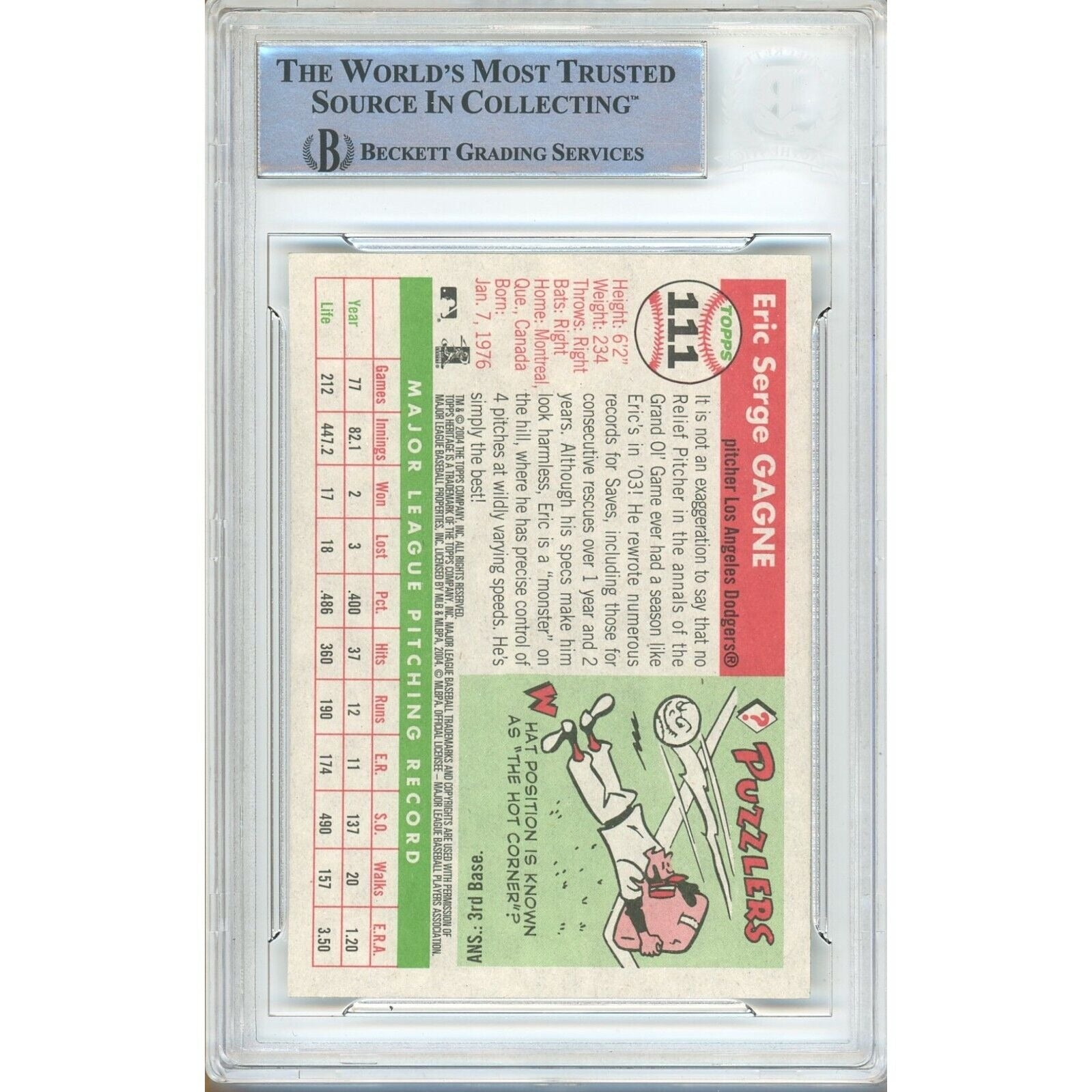 Eric Gagne Los Angeles Dodgers trading card autograph – angled display – Beckett COA