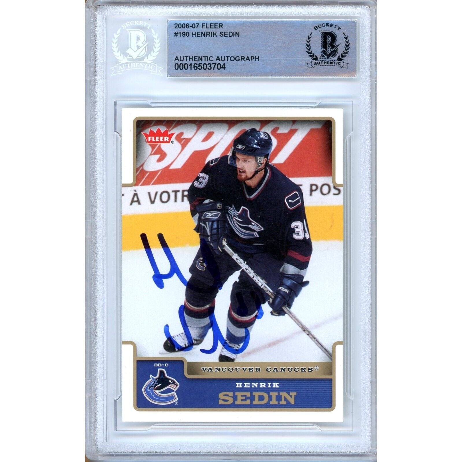 2006 Fleer #190 Henrik Sedin Vancouver Canucks Autographed Trading Card – Beckett BAS