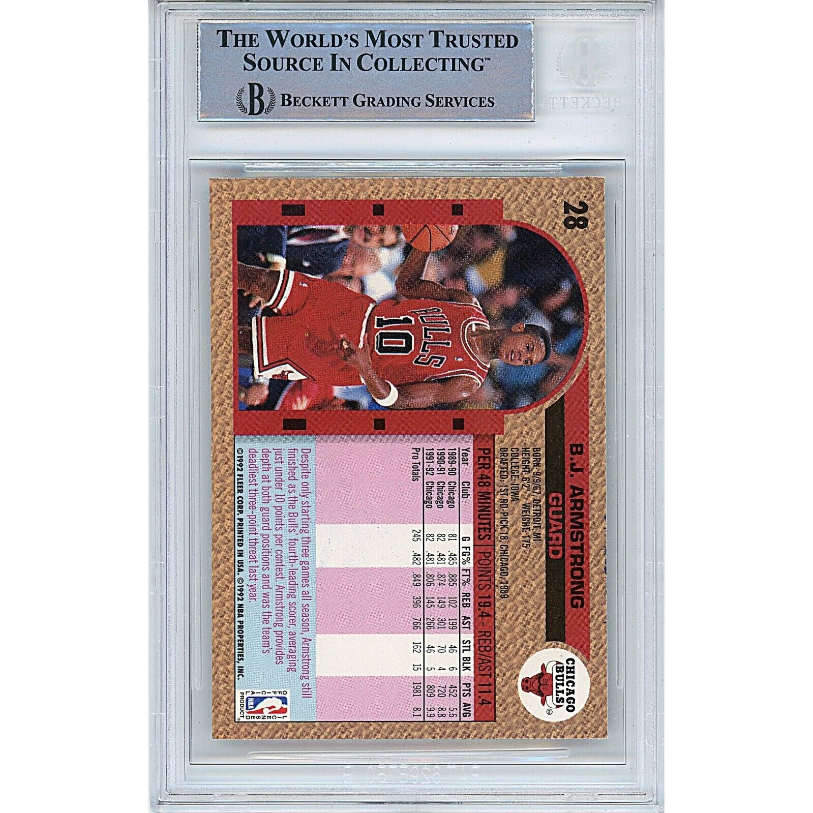 1992 Fleer BJ Armstrong Chicago Bulls Autograph Trading Card – Beckett BAS