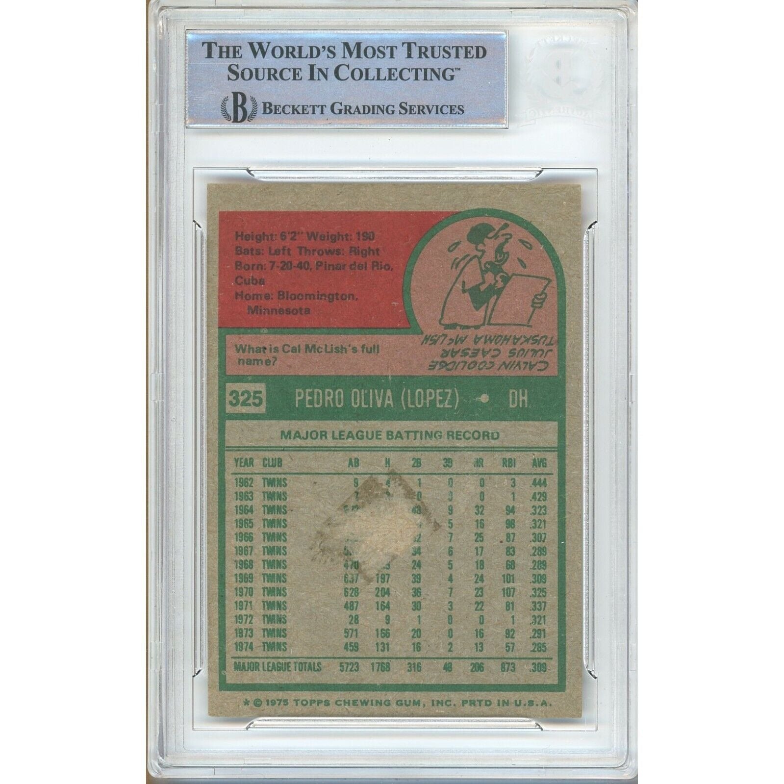 Tony Oliva Minnesota Twins signed trading card – signature close-up – Beckett COA