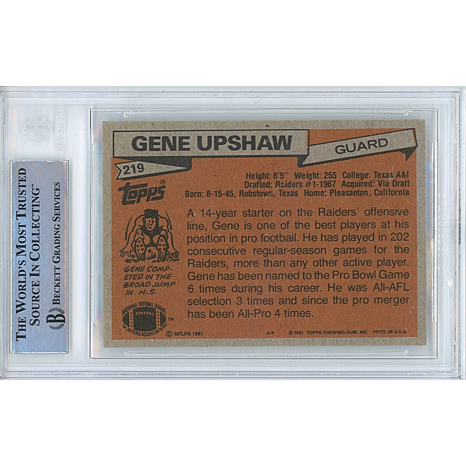 Gene Upshaw Oakland Raiders signed trading card – signature close-up – Beckett COA