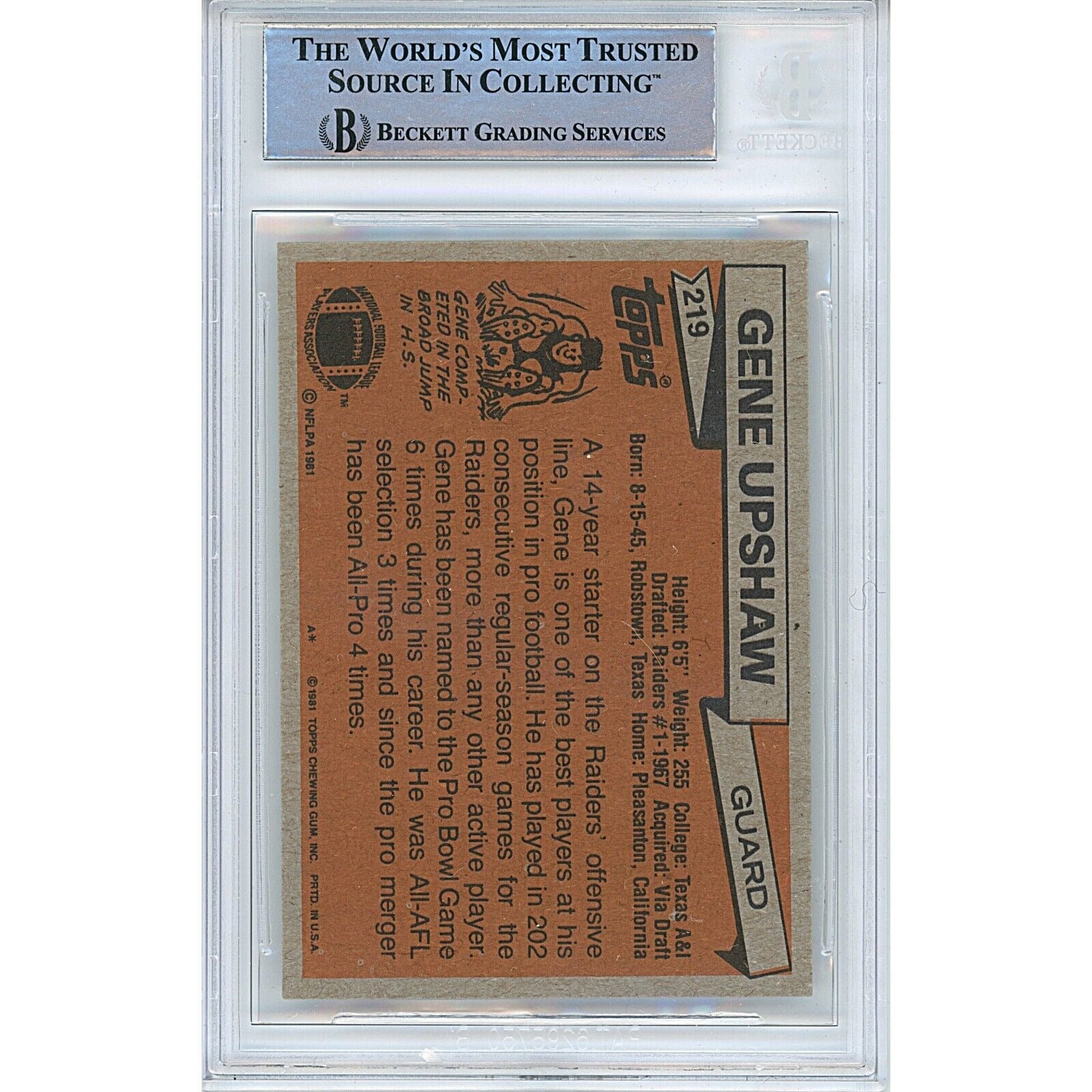 Gene Upshaw Oakland Raiders auto trading card – authentication sticker – Beckett COA