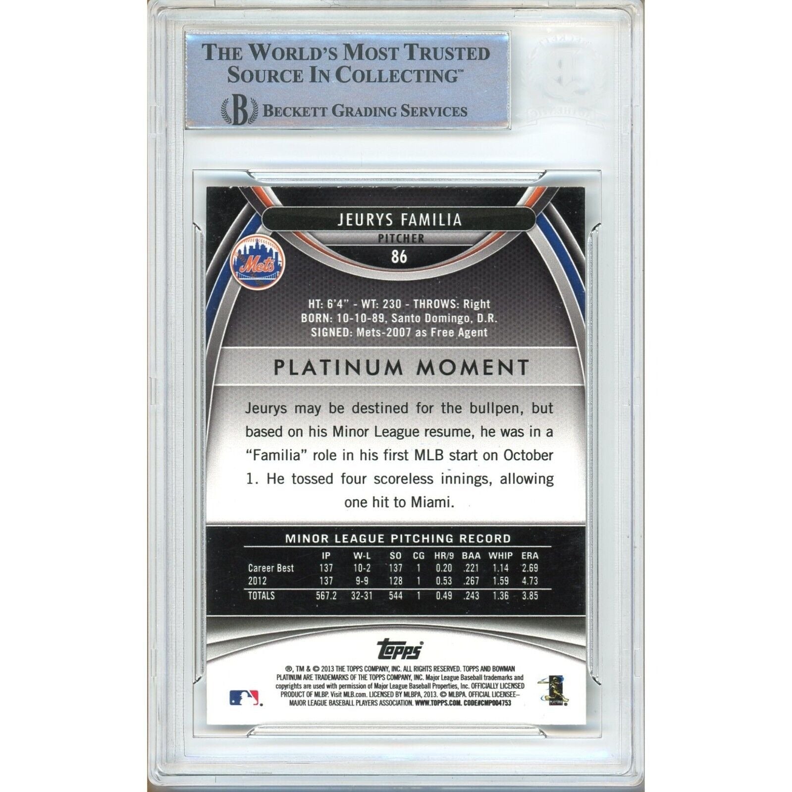 2013 Bowman Jeurys Familia New York Mets Signed Trading Card – Beckett BAS