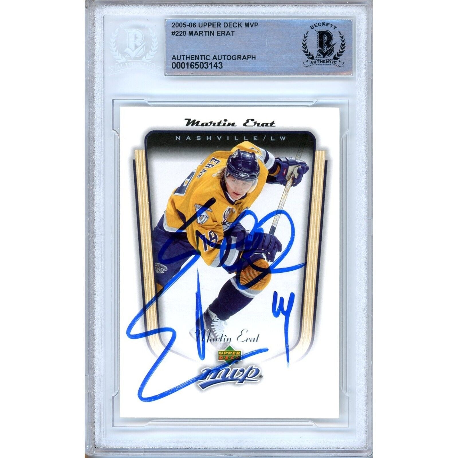 Martin Erat Nashville Predators autographed trading card – full view – Beckett COA