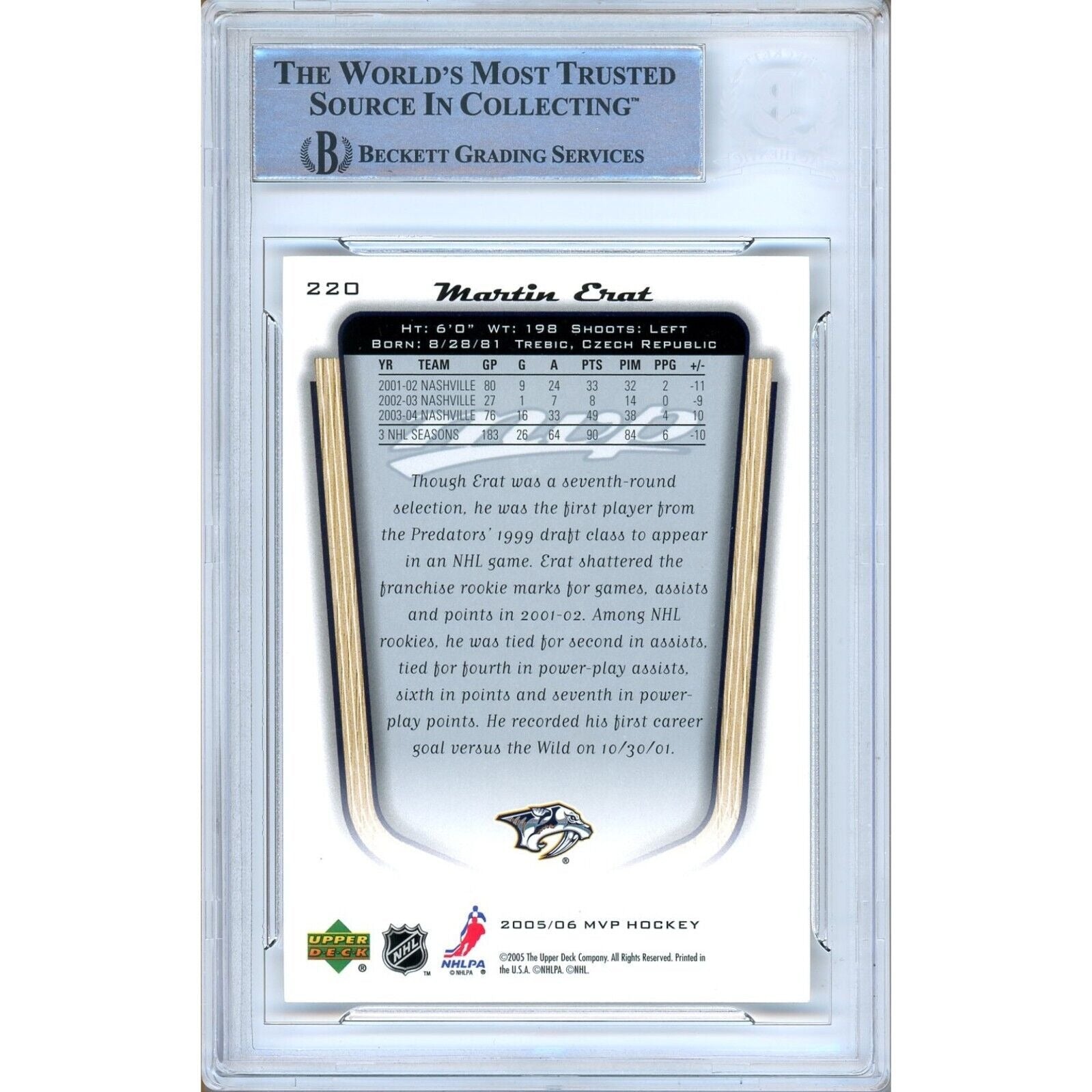 Martin Erat Nashville Predators signed trading card – signature close-up – Beckett COA