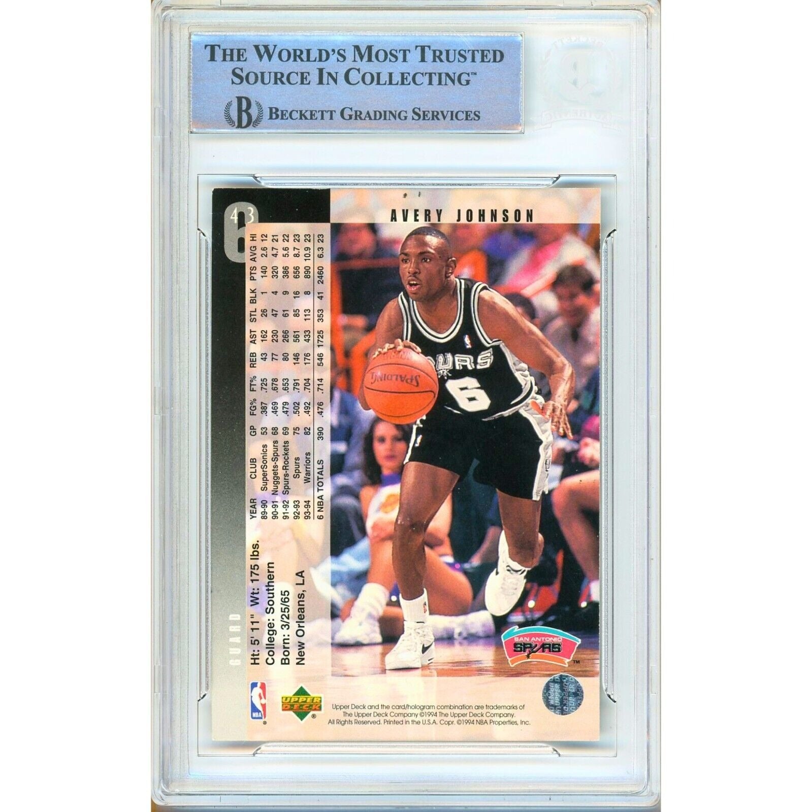1994 Upper Deck #43 Avery Johnson San Antonio Spurs Signed Trading Card – Beckett BAS