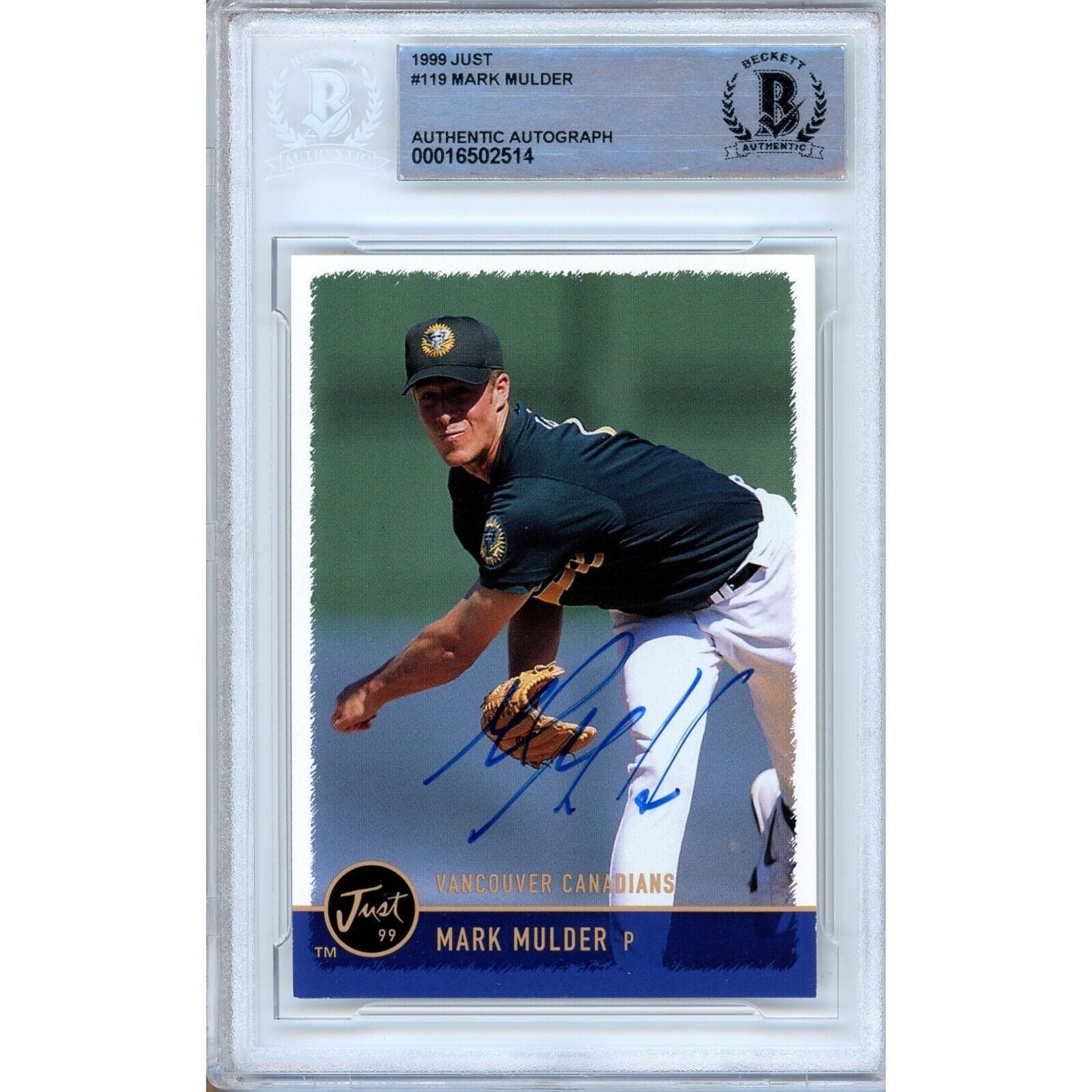 Mark Mulder Oakland Athletics autographed trading card – full view – Beckett COA