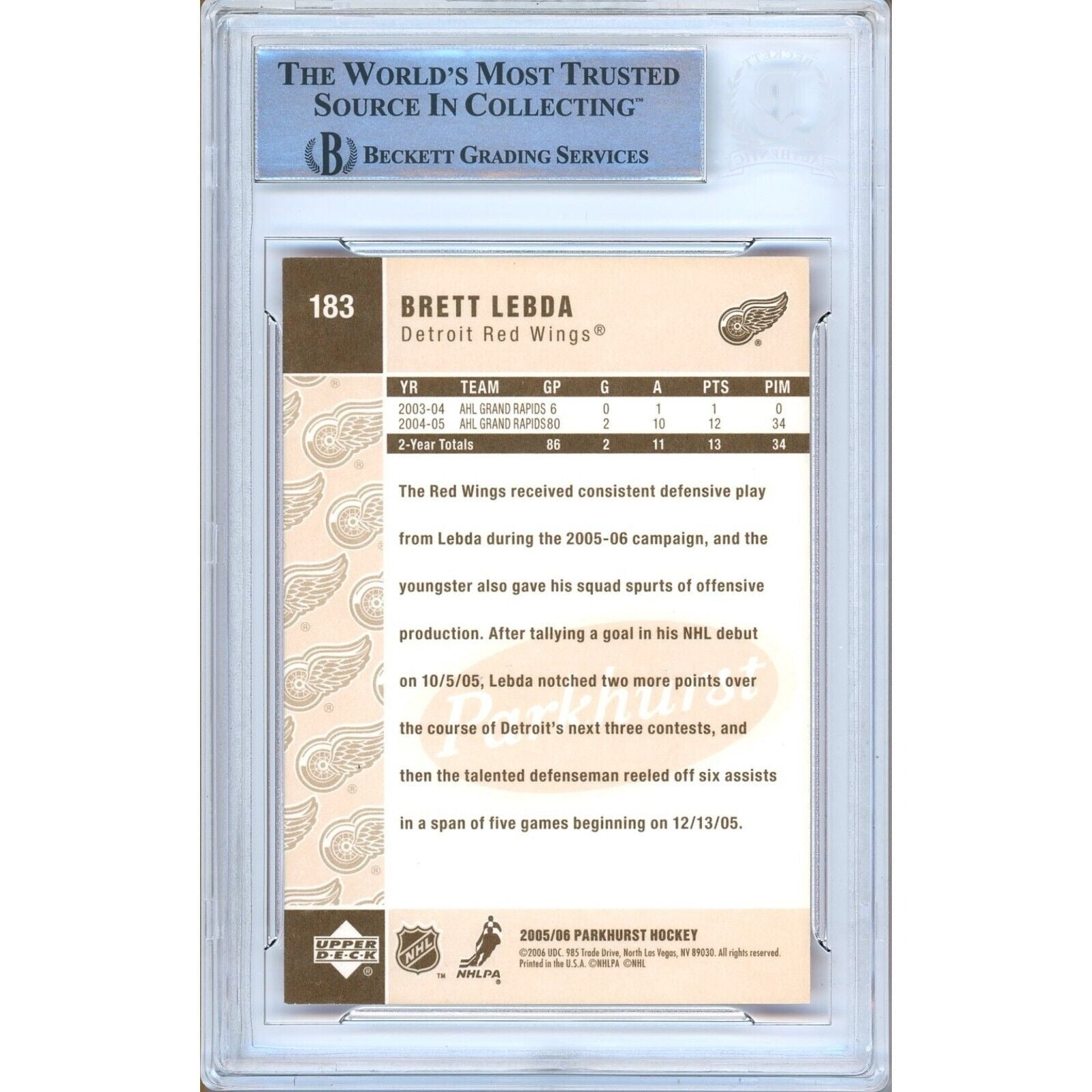 2005 Brett Lebda Detroit Red Wings Signed Trading Card – Beckett BAS