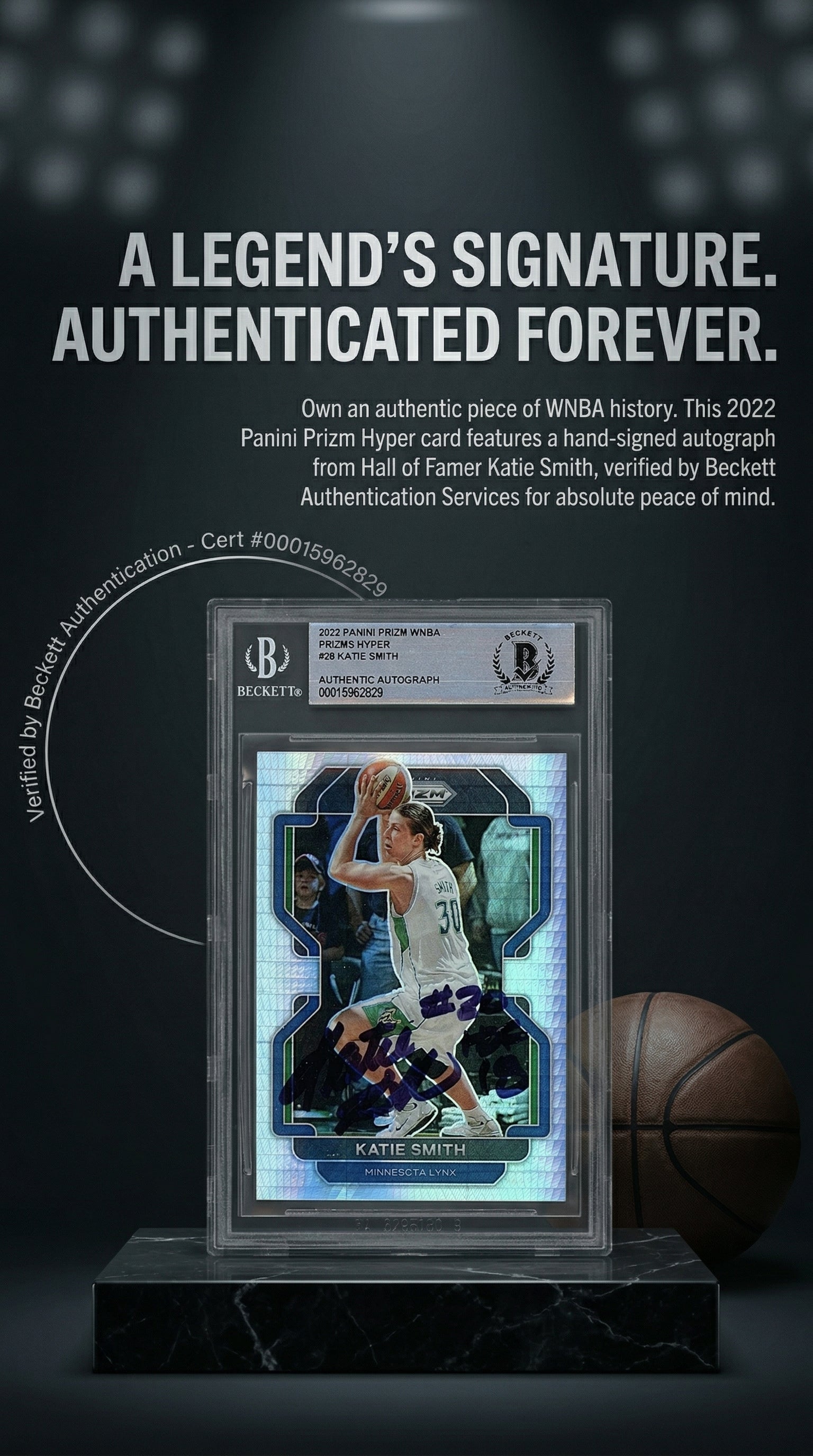 Katie Smith Autographed 2022 Panini Prizm WNBA Prizms Hyper # 28 - Minnesota Lynx - Beckett Authentication