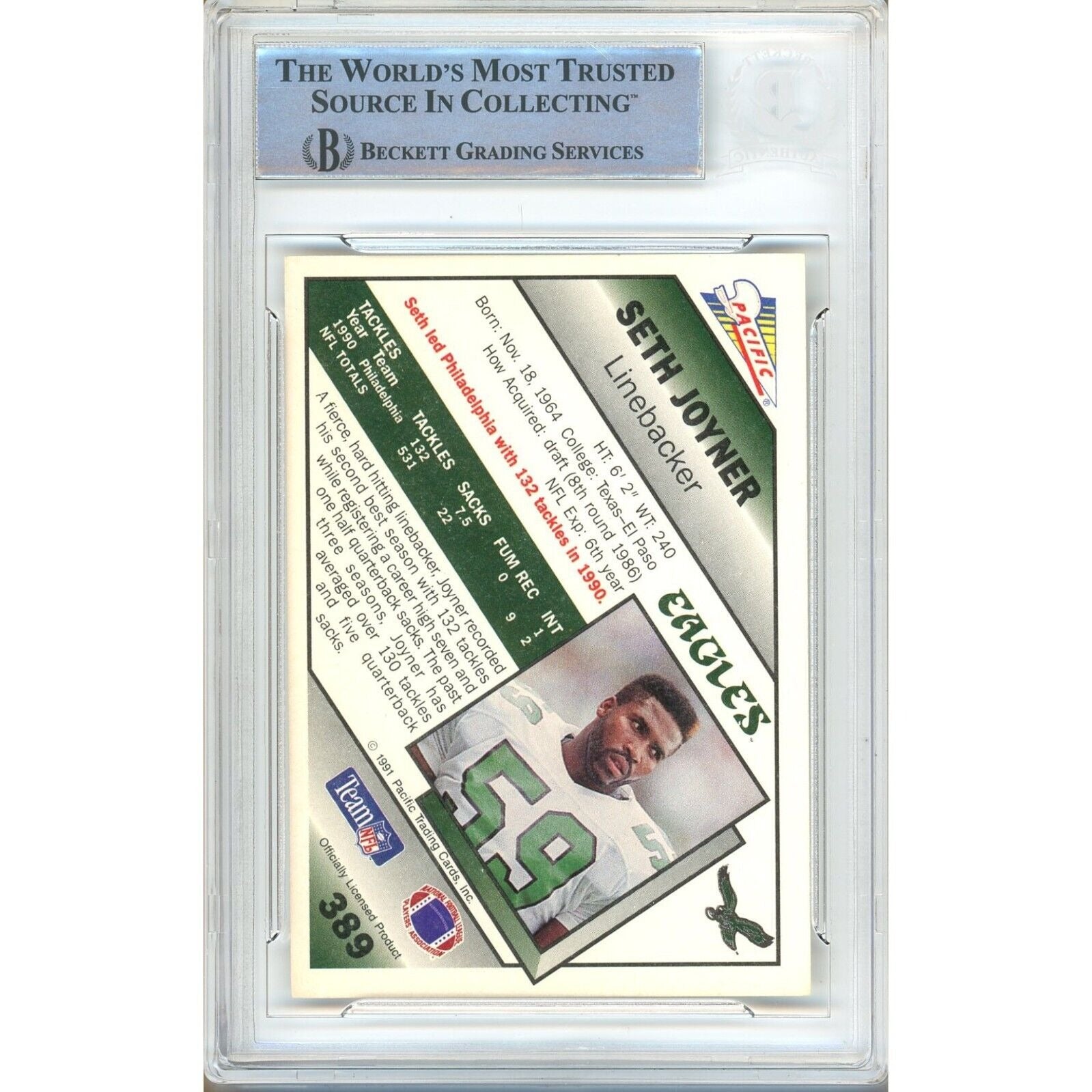 Seth Joyner Philadelphia Eagles auto trading card – authentication sticker – Beckett COA