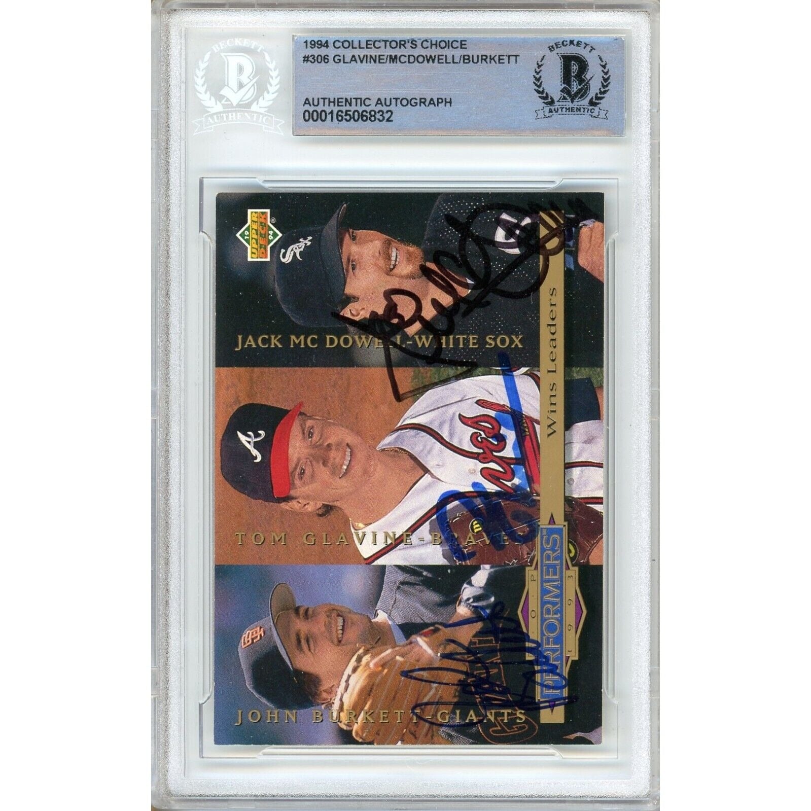 Tom Glavine Jack Mcdowell John Burkett signed trading card – signature close-up – Beckett COA