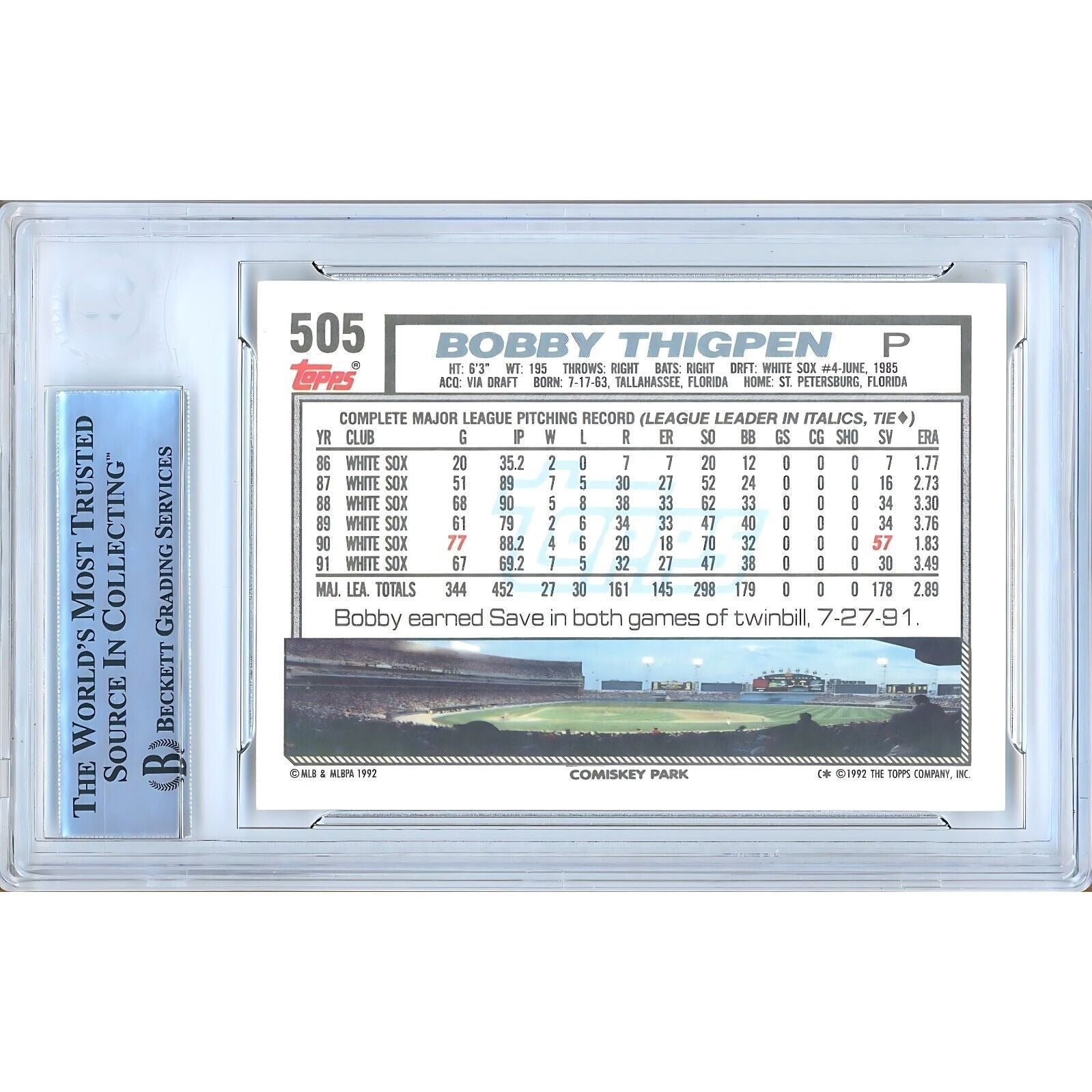 1992 Topps Bobby Thigpen Chicago White Sox Signed Trading Card – Beckett BAS