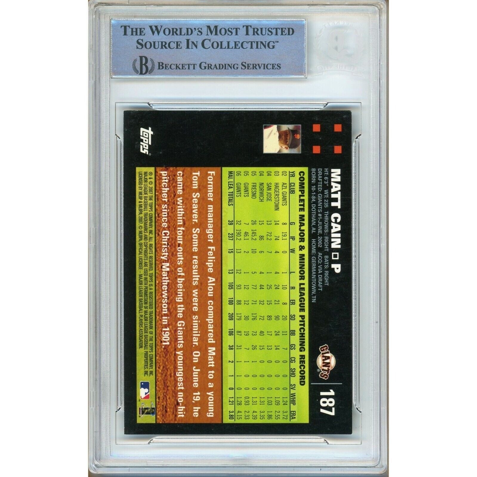 Matt Cain San Francisco Giants auto trading card – authentication sticker – Beckett COA