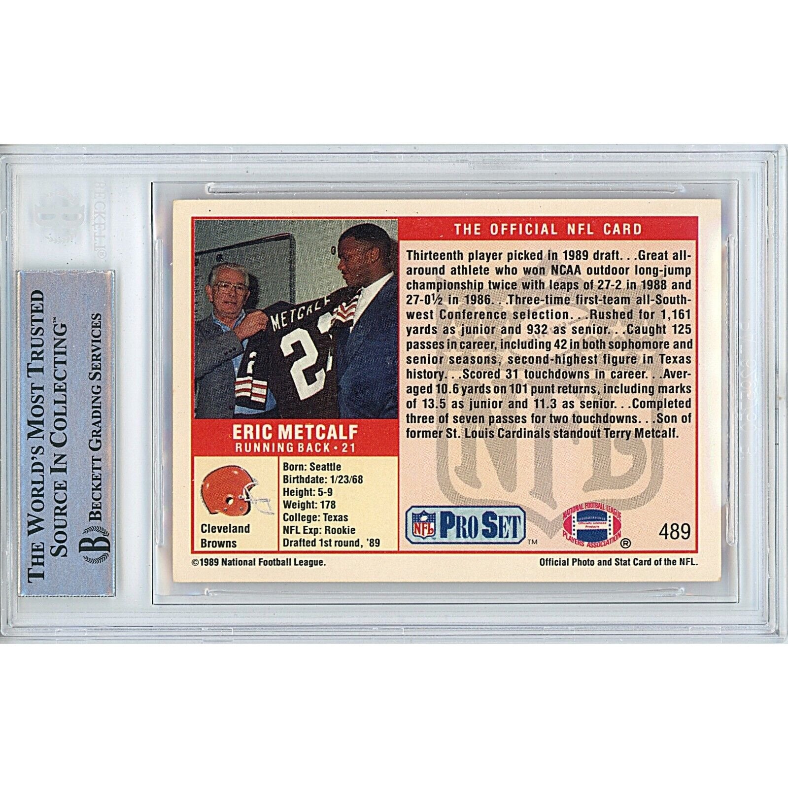 Eric Metcalf Texas Longhorns signed trading card – signature close-up – Beckett COA