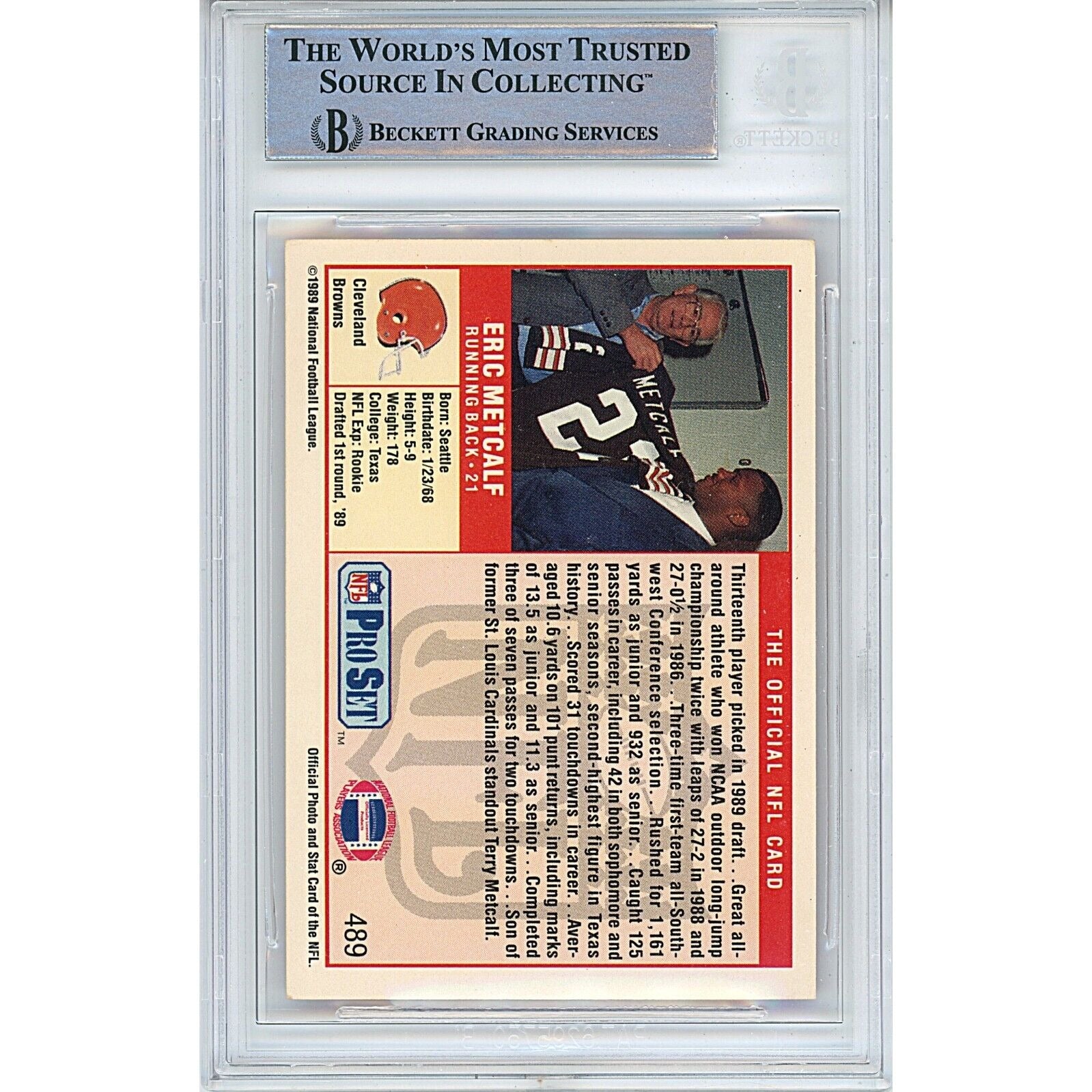 Eric Metcalf Texas Longhorns auto trading card – authentication sticker – Beckett COA