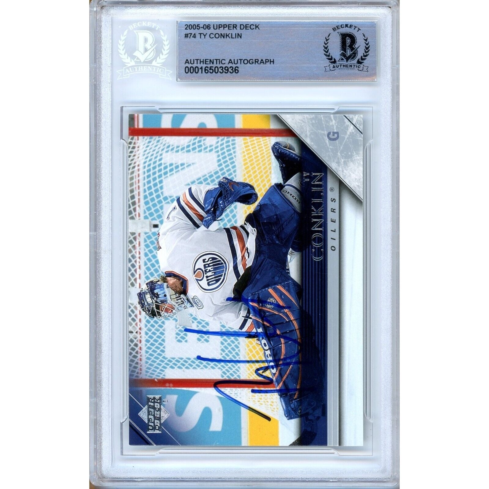 Ty Conklin Edmonton Oilers signed trading card – signature close-up – Beckett COA