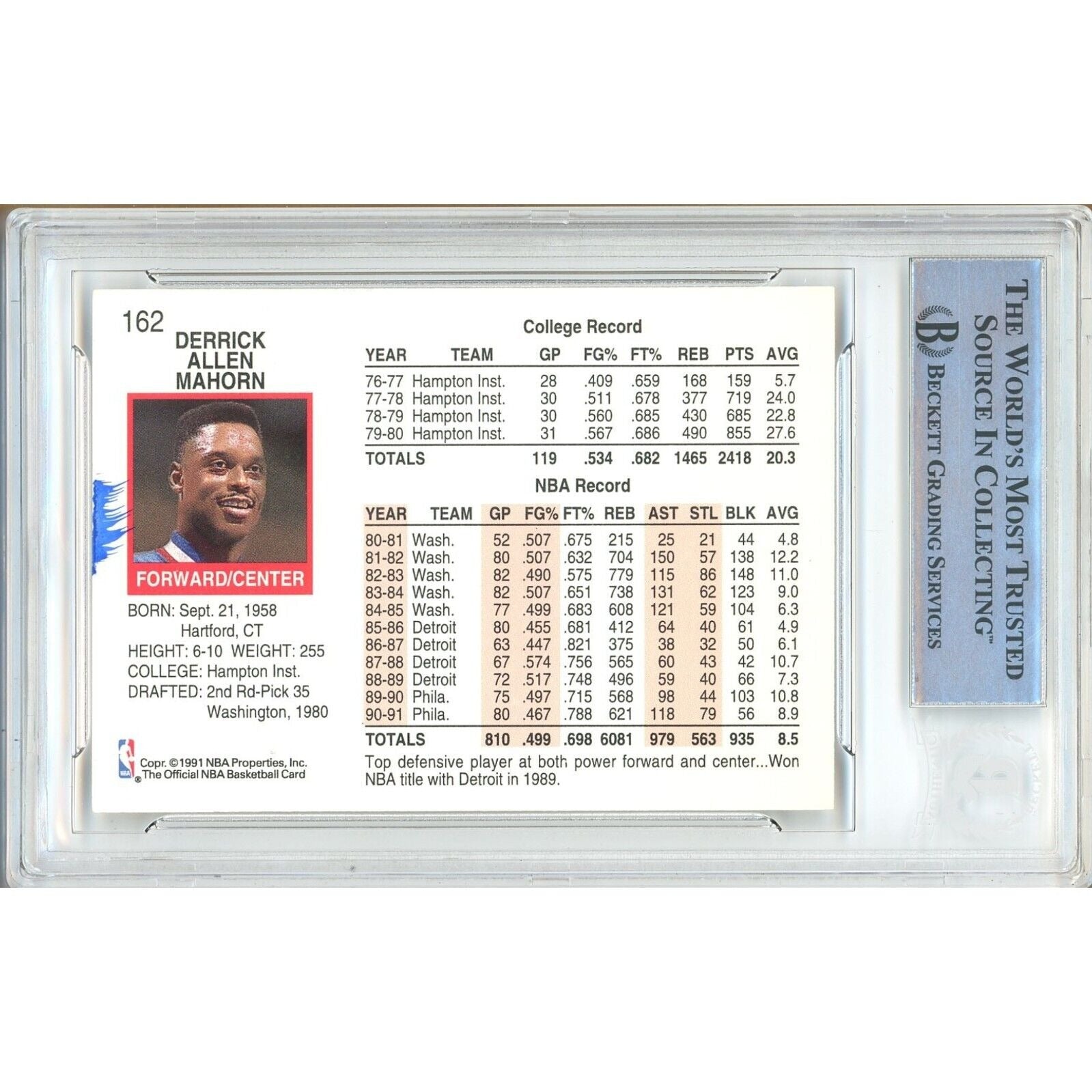 Rick Mahorn 76Ers signed trading card – signature close-up – Beckett COA
