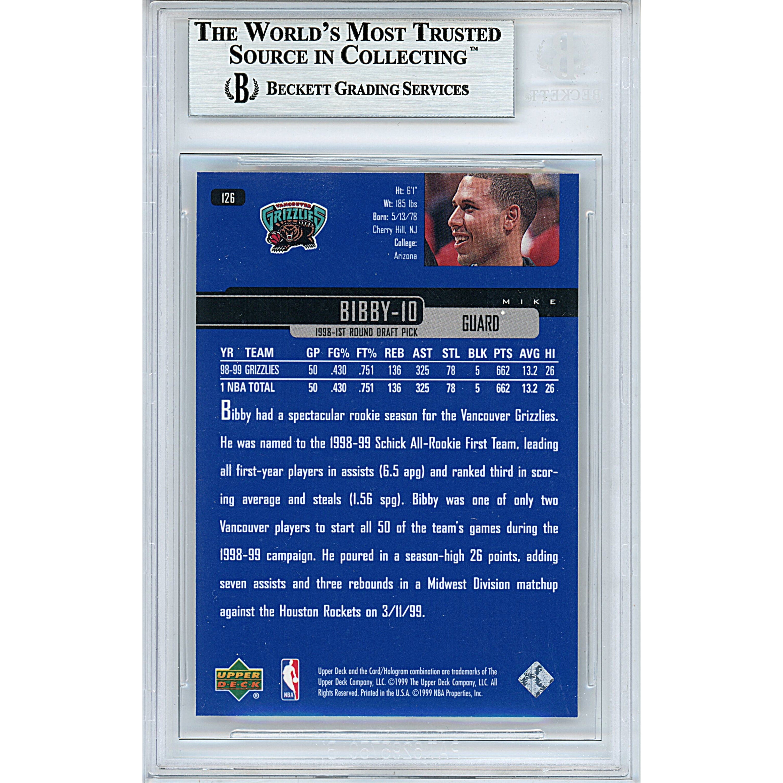 Mike Bibby Signed Vancouver Grizzlies Trading Card Beckett BGS