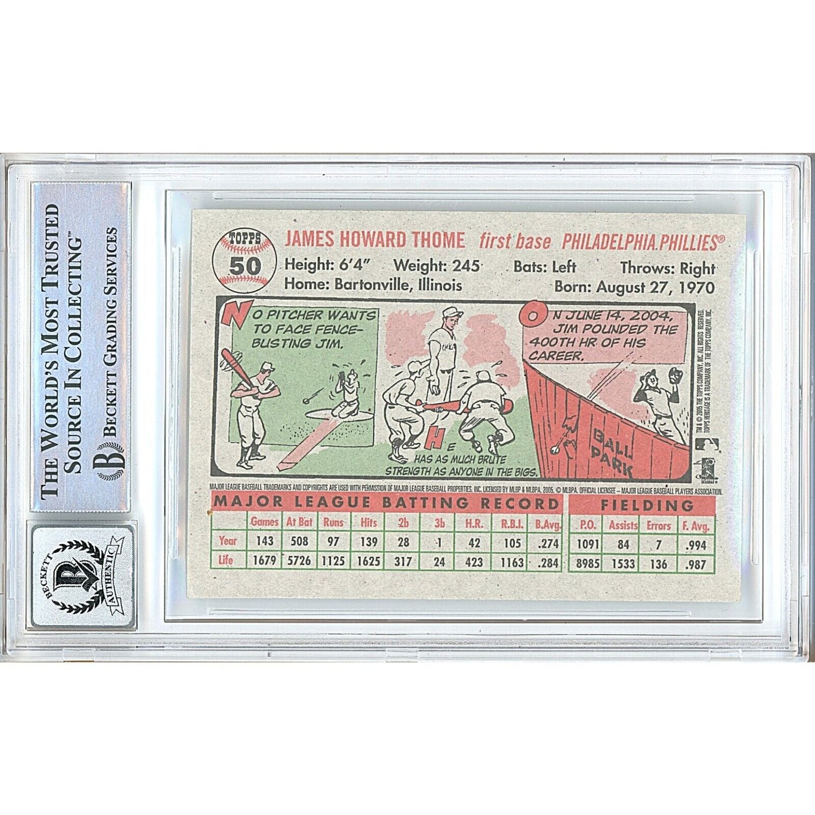 Jim Thome Philadelphia Phillies Autographed Autograph Trading Card Beckett BGS