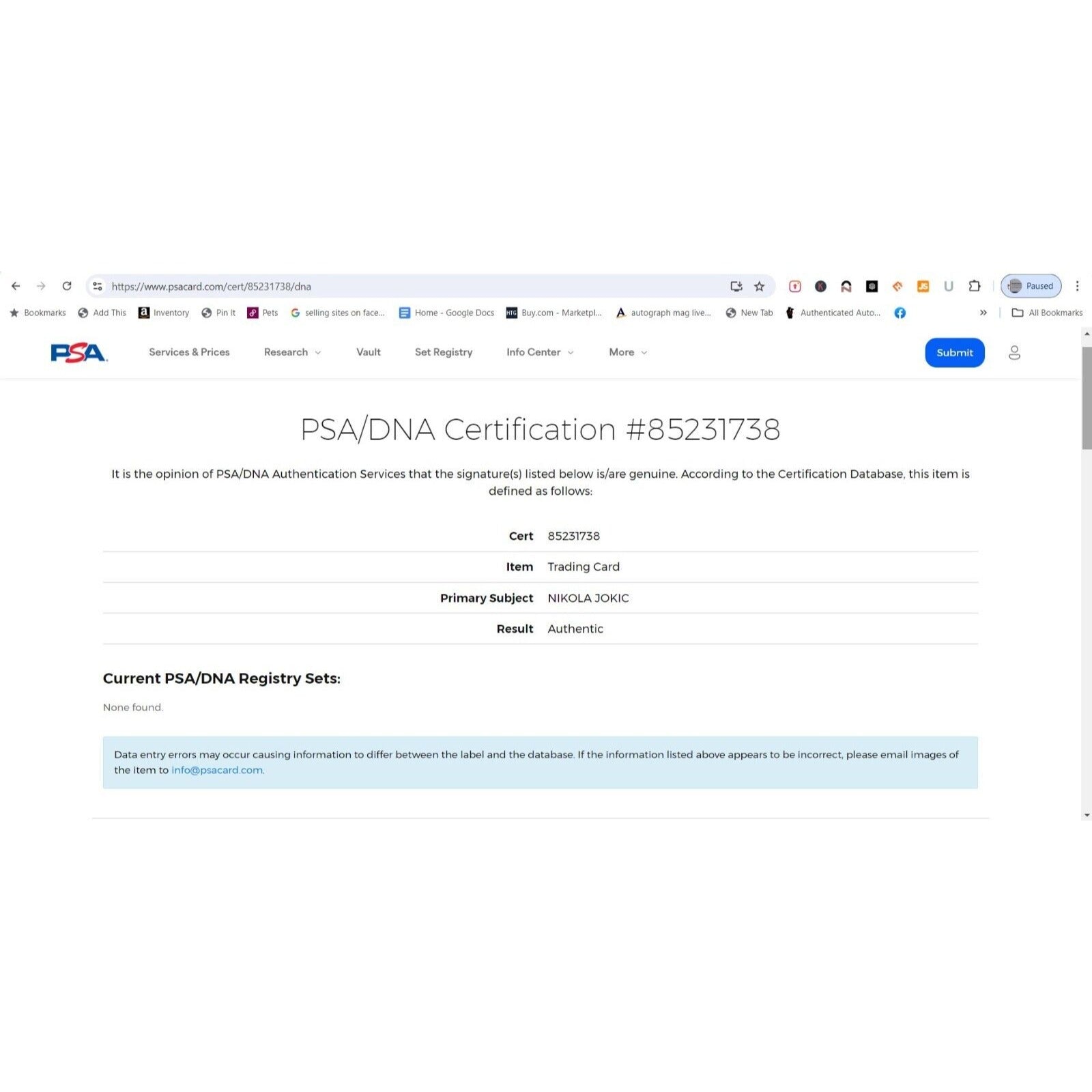 Nikola Jokic Denver Nuggets Signed Autograph Trading Card PSA