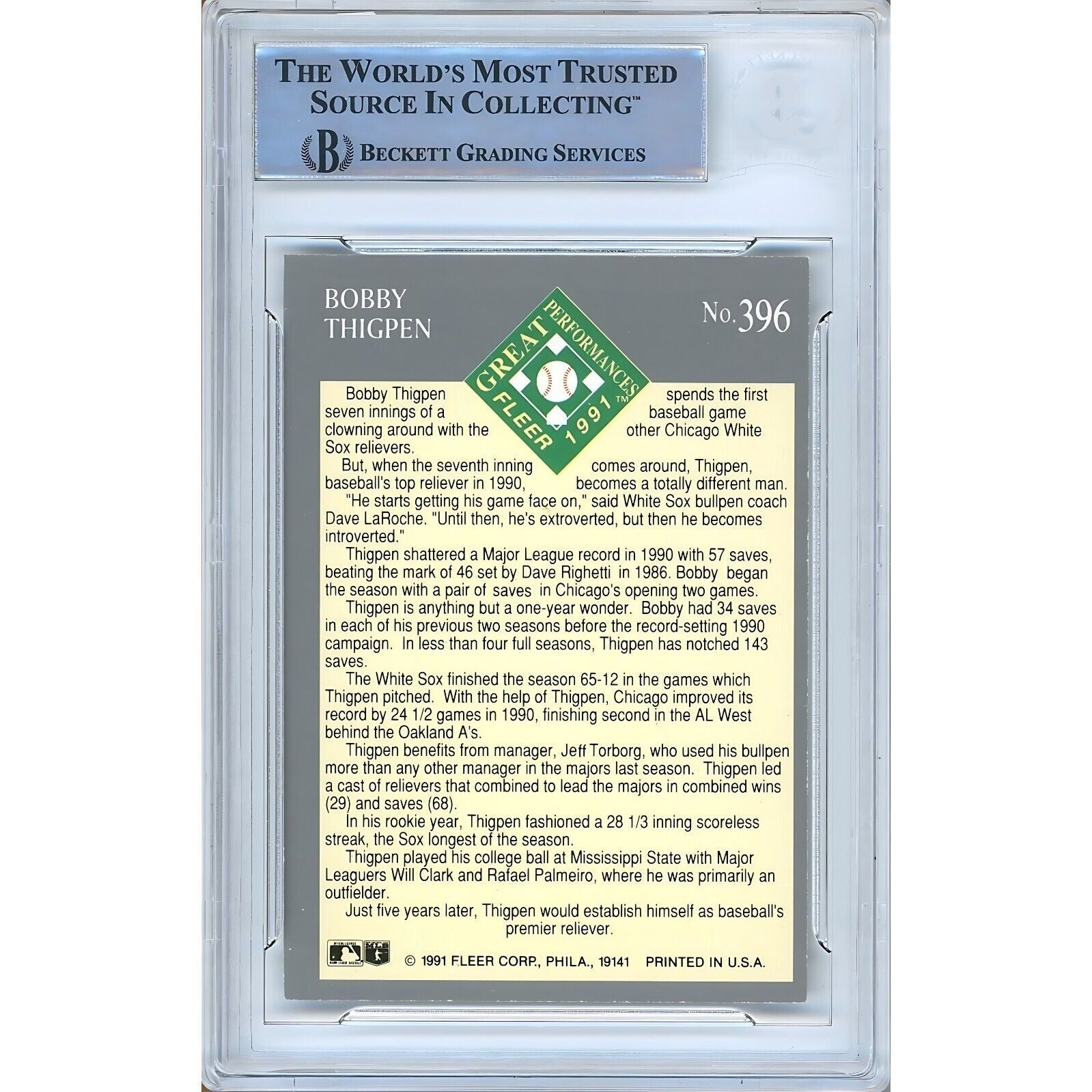 1991 Fleer #396 Bobby Thigpen White Sox Signed Trading Card – Beckett BAS