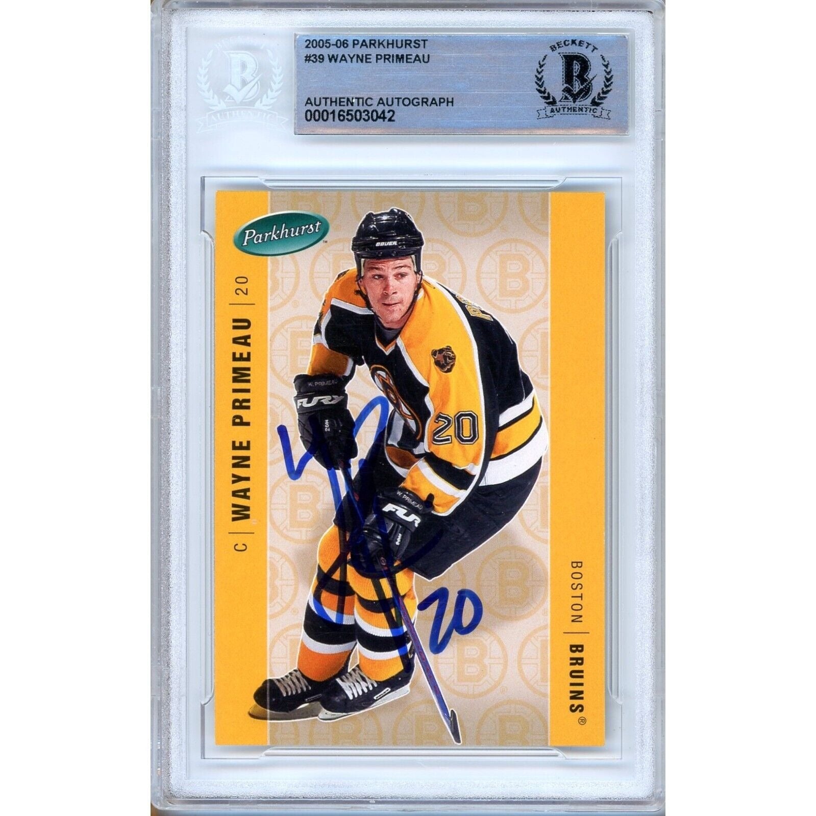 Wayne Primeau Boston Bruins autographed trading card – full view – Beckett COA