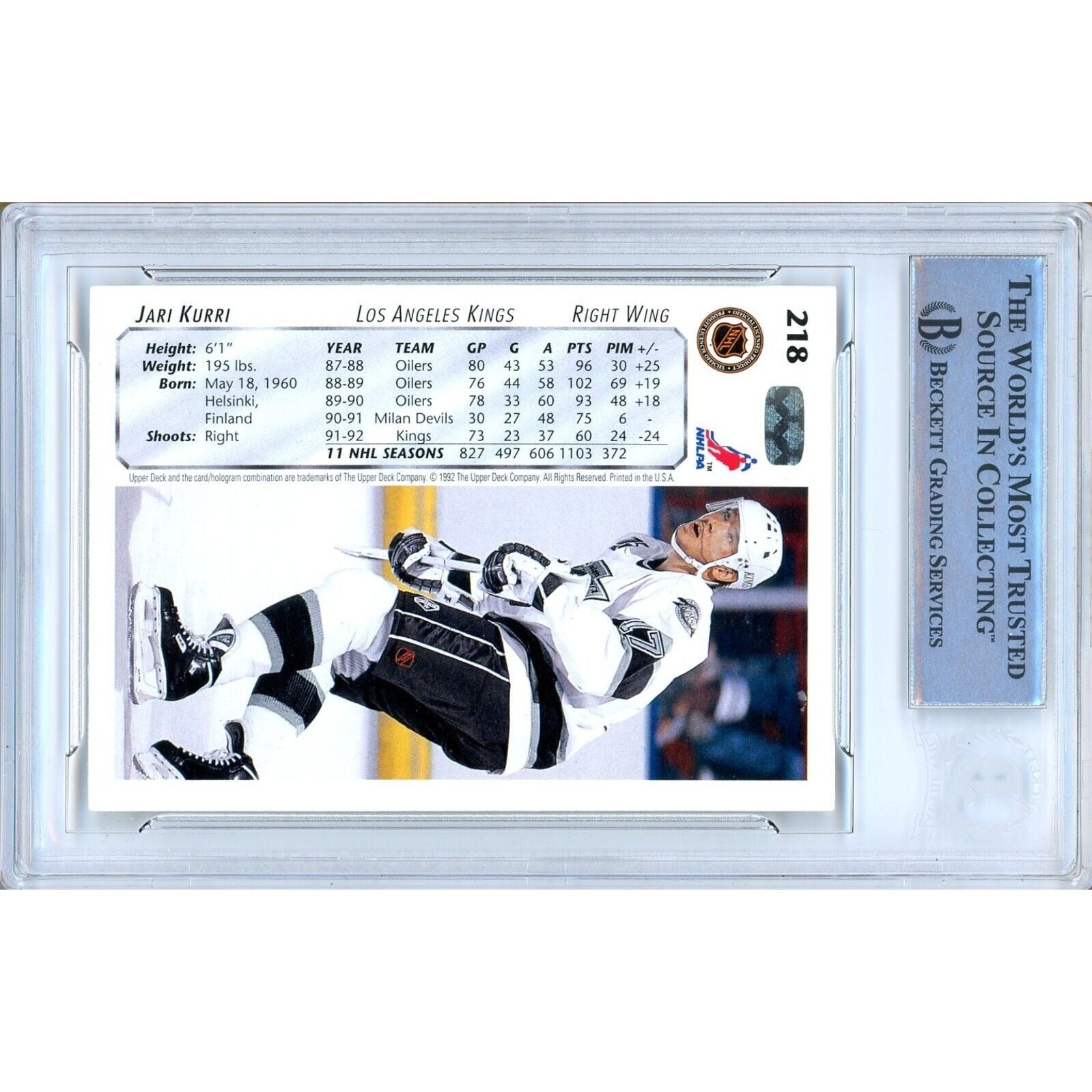 Jari Kurri Los Angeles Kings auto trading card – authentication sticker – Beckett COA
