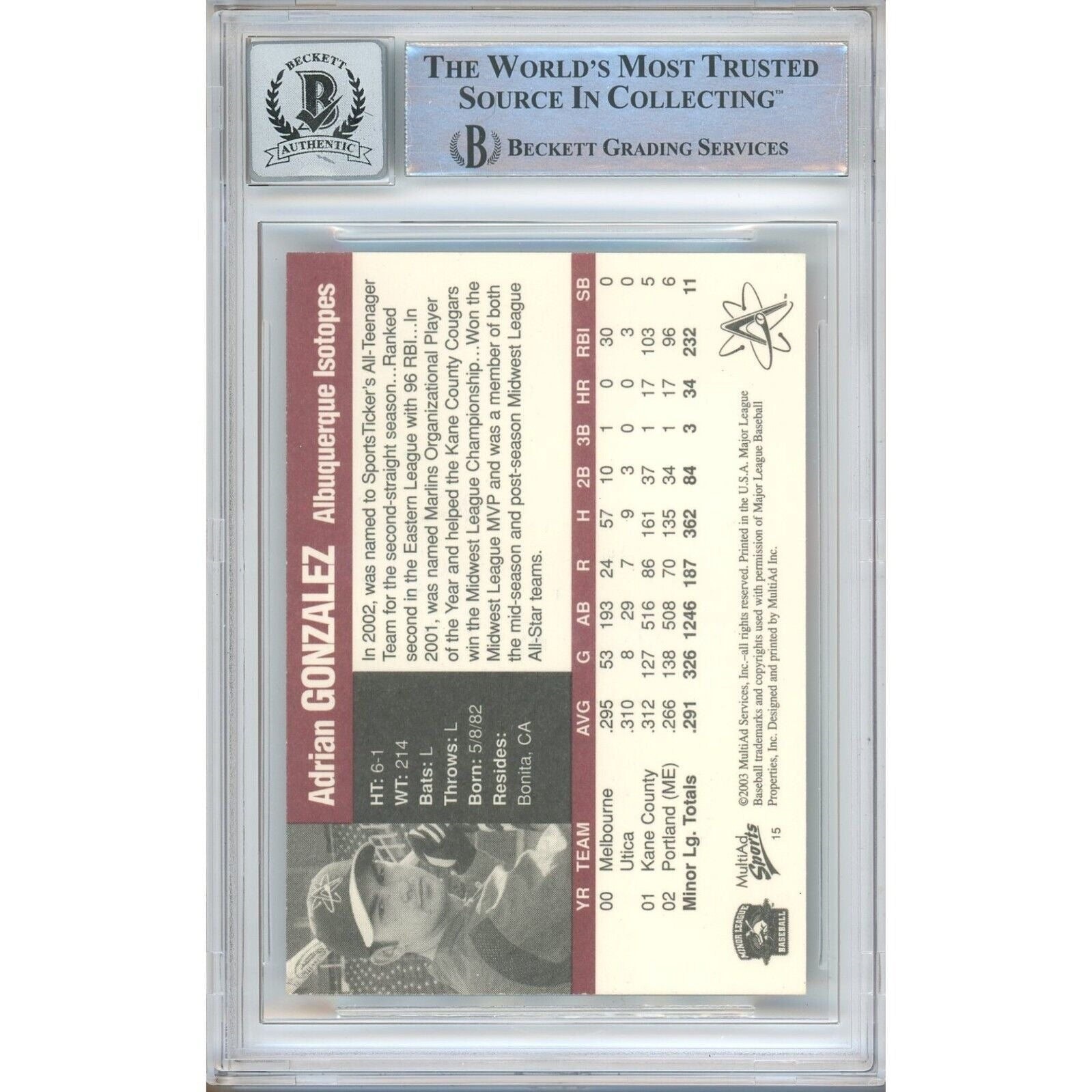 2003 Adrian Gonzalez Auto Trading Card – Beckett BAS