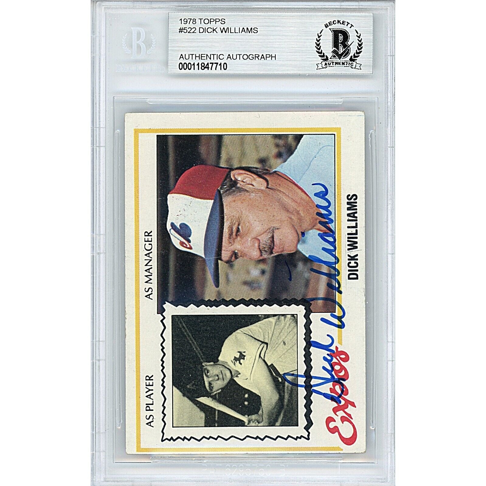 Dick Williams Montreal Expos signed trading card – signature close-up – Beckett COA