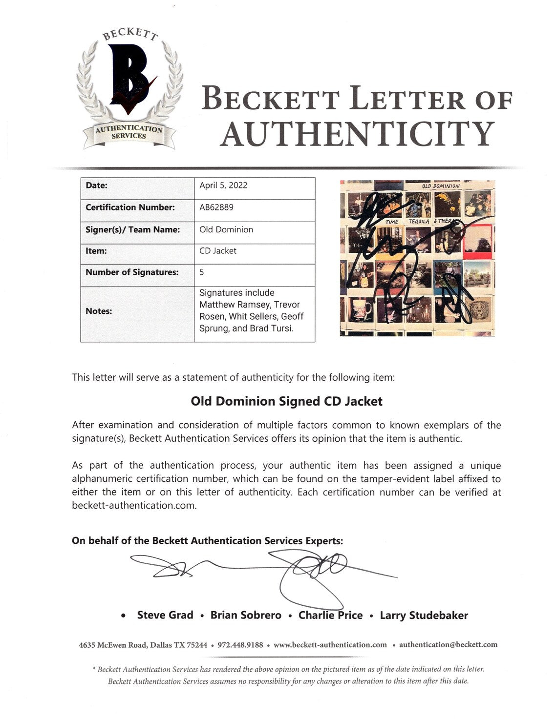 Old Dominion photo autograph – angled display – Beckett COA