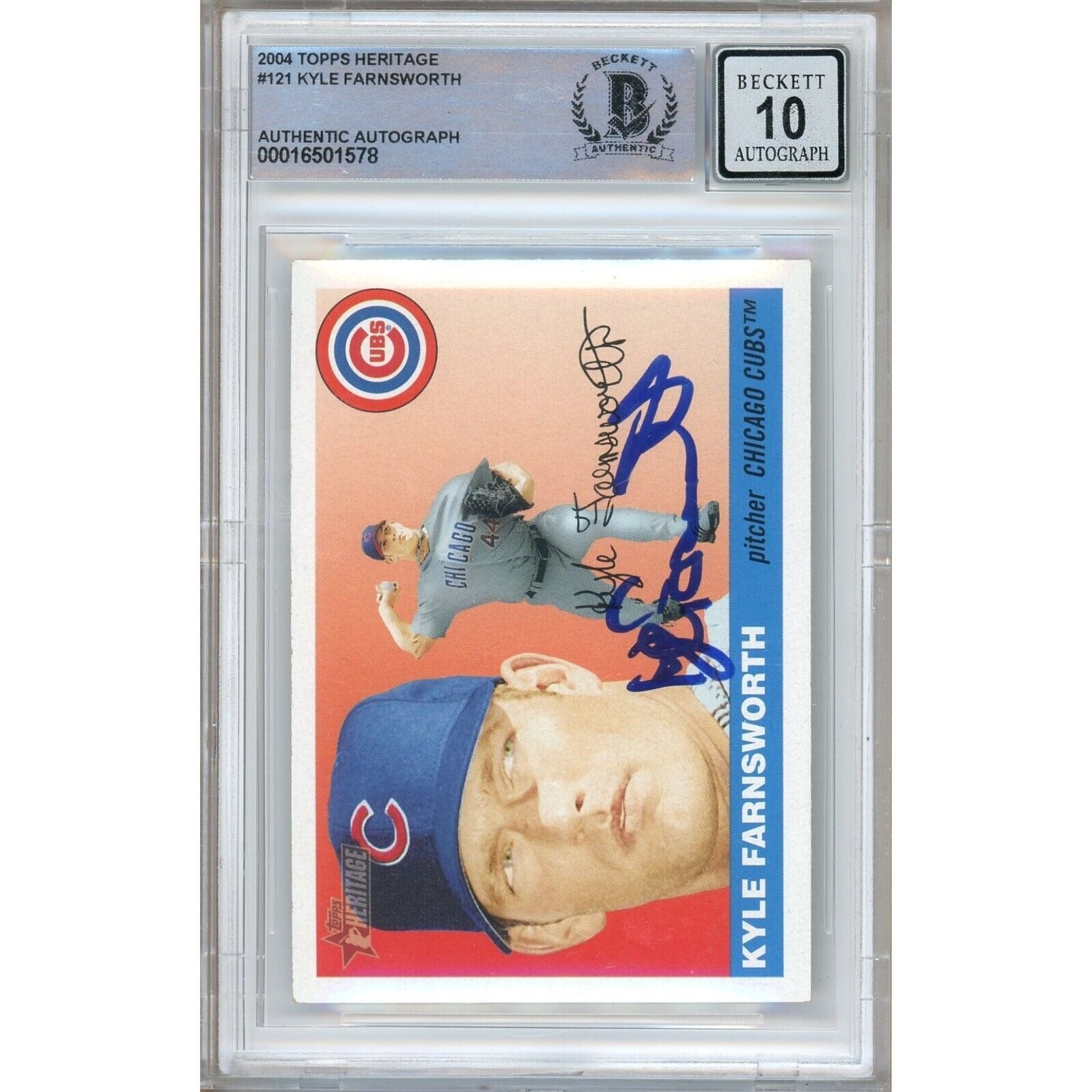 2004 Topps Heritage #121 Kyle Farnsworth Chicago Cubs Signed Trading Card – Beckett BAS.
