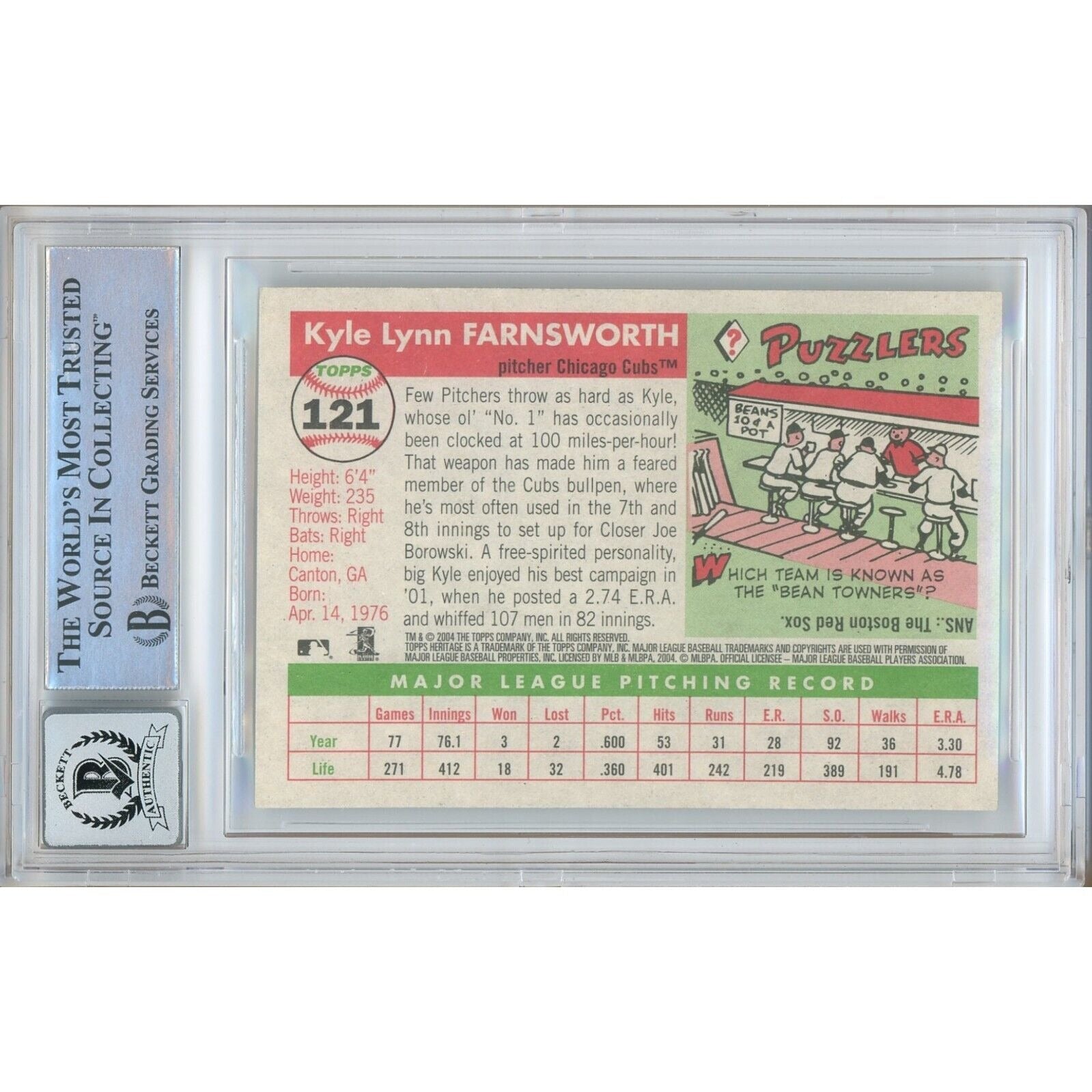 2004 Topps Heritage #121 Kyle Farnsworth Chicago Cubs Autograph Trading Card – Beckett BAS.