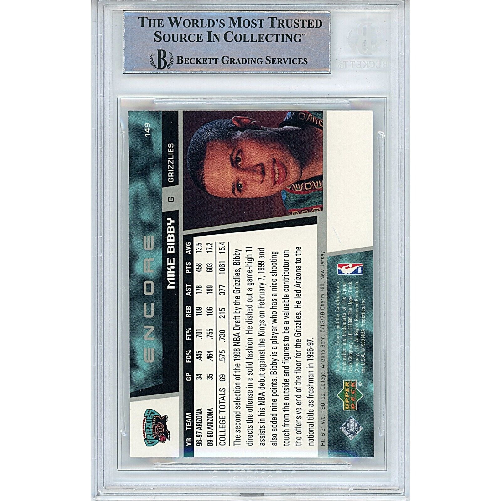 Mike Bibby Vancouver Grizzlies auto trading card – authentication sticker – Beckett COA