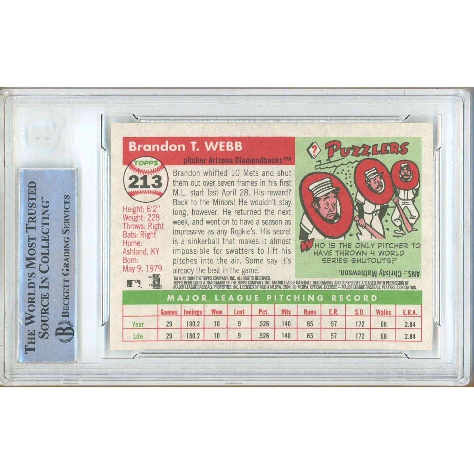 2004 Topps #213 Brandon Webb AZ Diamondbacks Autograph Trading Card – Beckett BAS