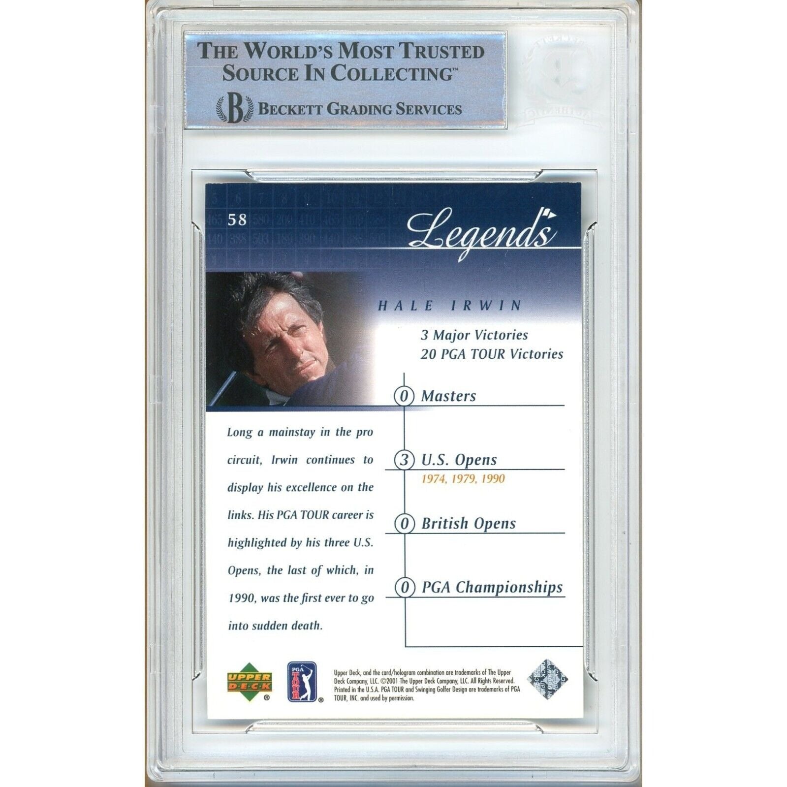 Hale Irwin auto trading card – authentication sticker – Beckett COA