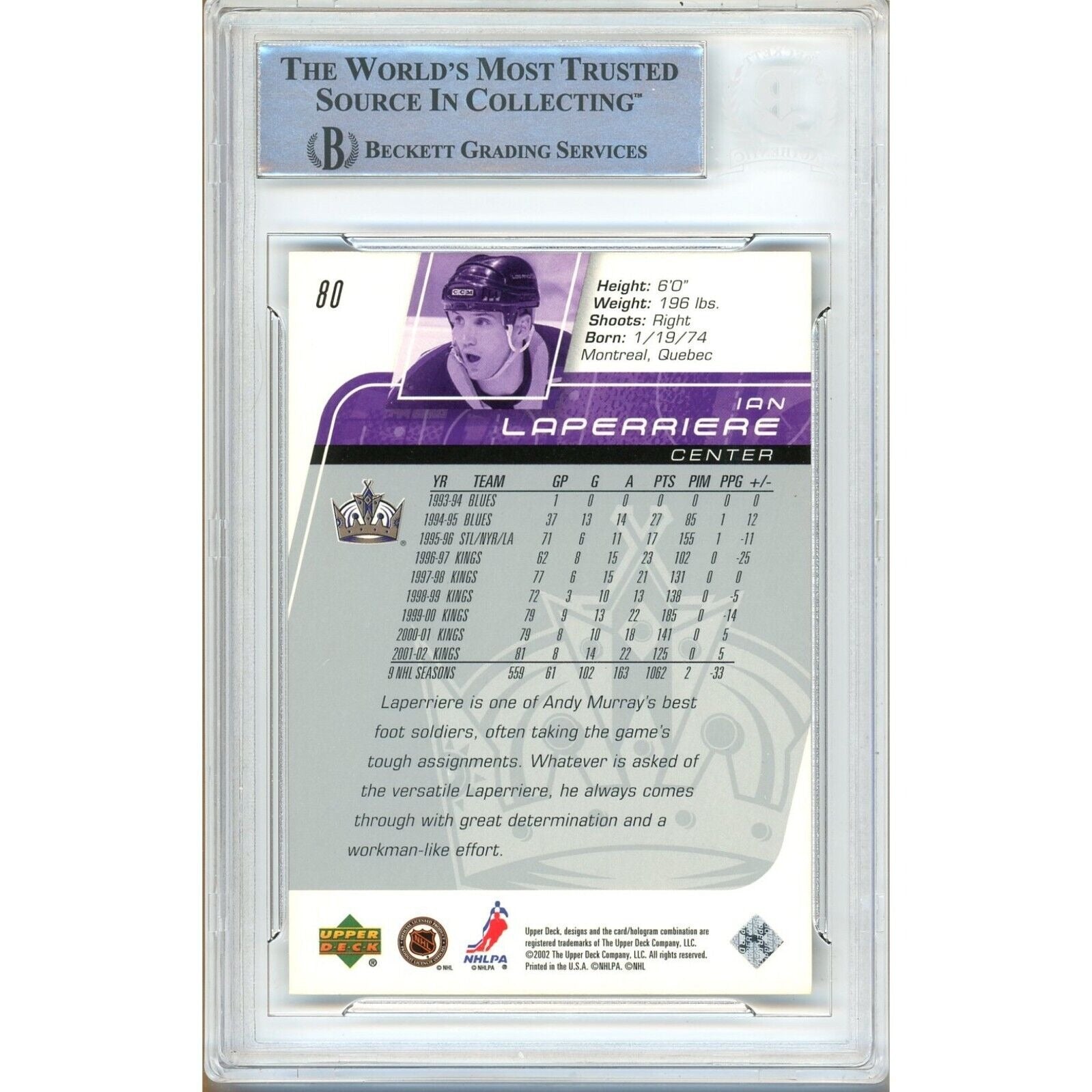 Ian Laperriere Los Angeles Kings auto trading card – authentication sticker – Beckett COA