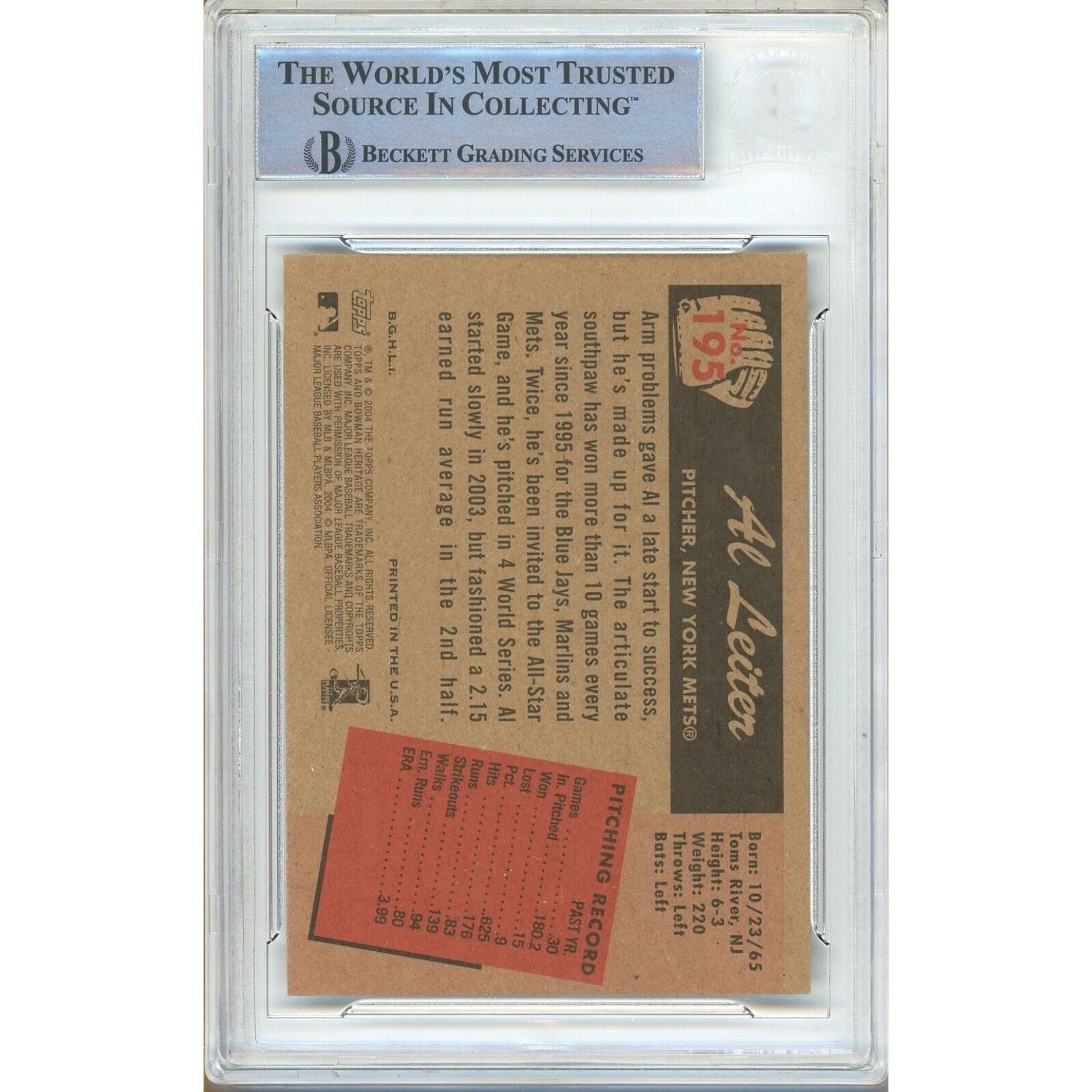 2004 Bowman #195 Al Leiter New York Mets Auto Trading Card – Beckett BAS