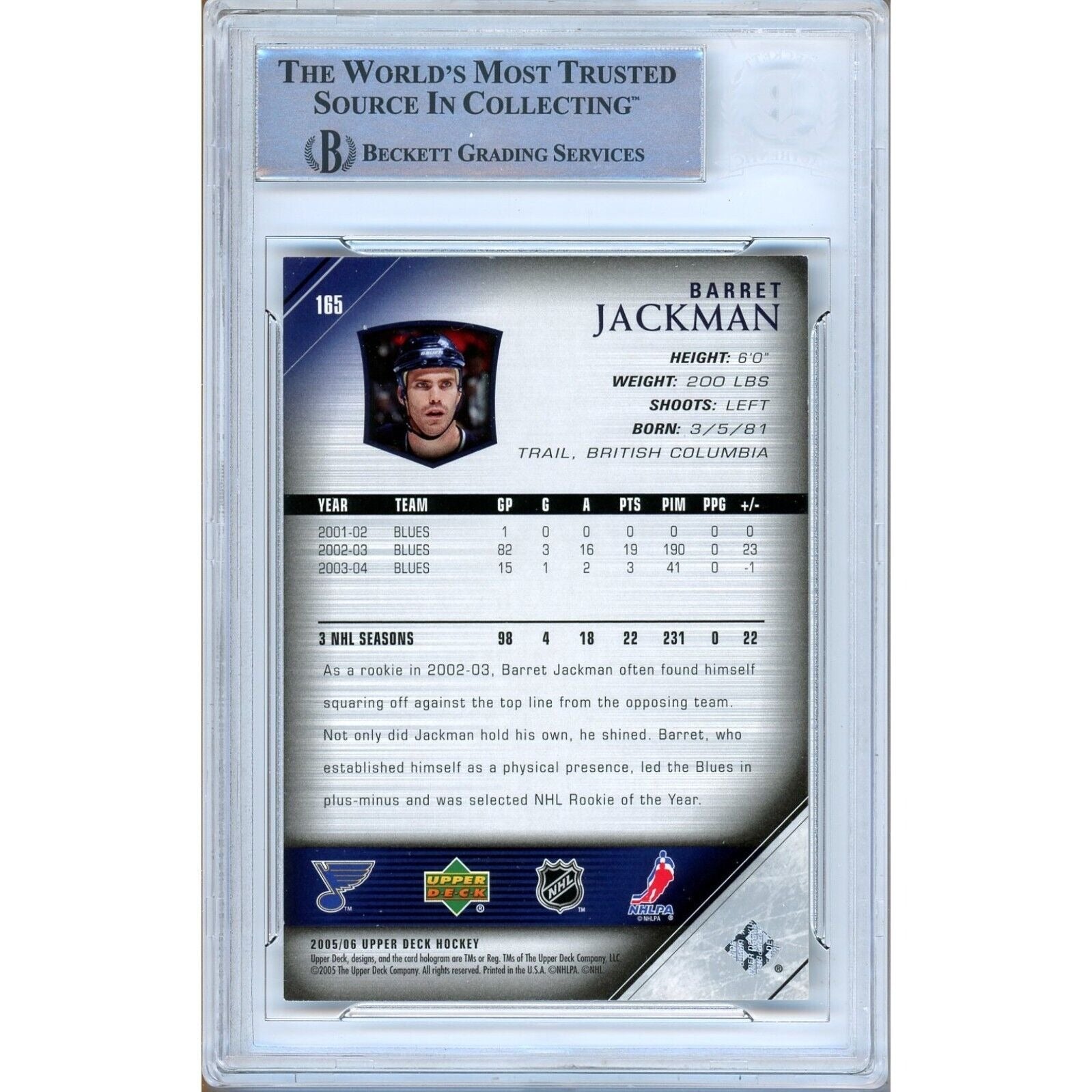 2005 Upper Deck Barret Jackman St. Louis Blues Signed Trading Card – Beckett BAS