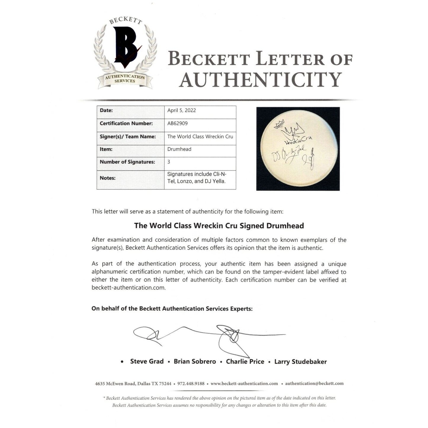 World Class Wreckin Cru Signed Drumhead with DJ Yella Beckett Authentic Autograph COA