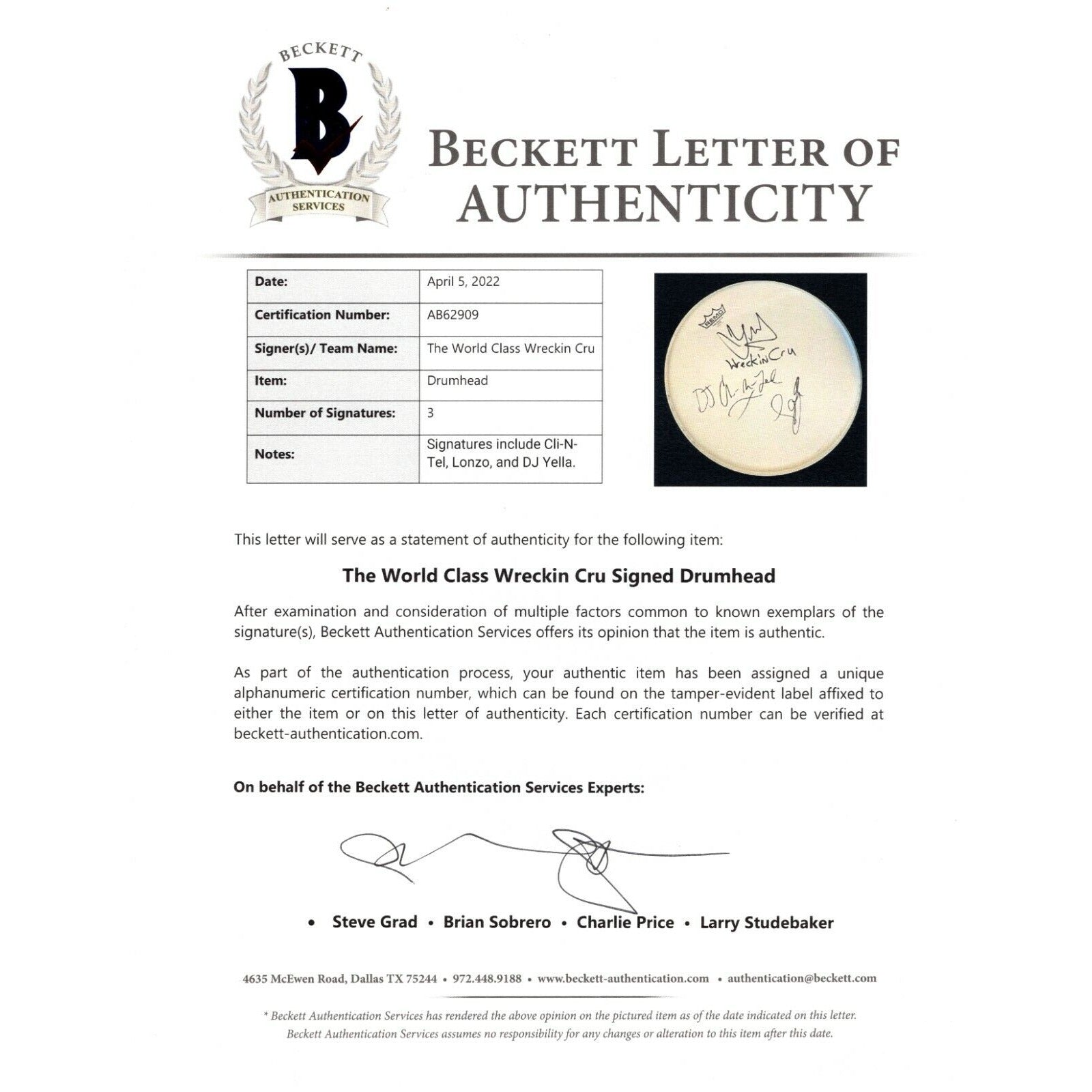 World Class Wreckin Cru auto memorabilia – authentication sticker – Beckett COA