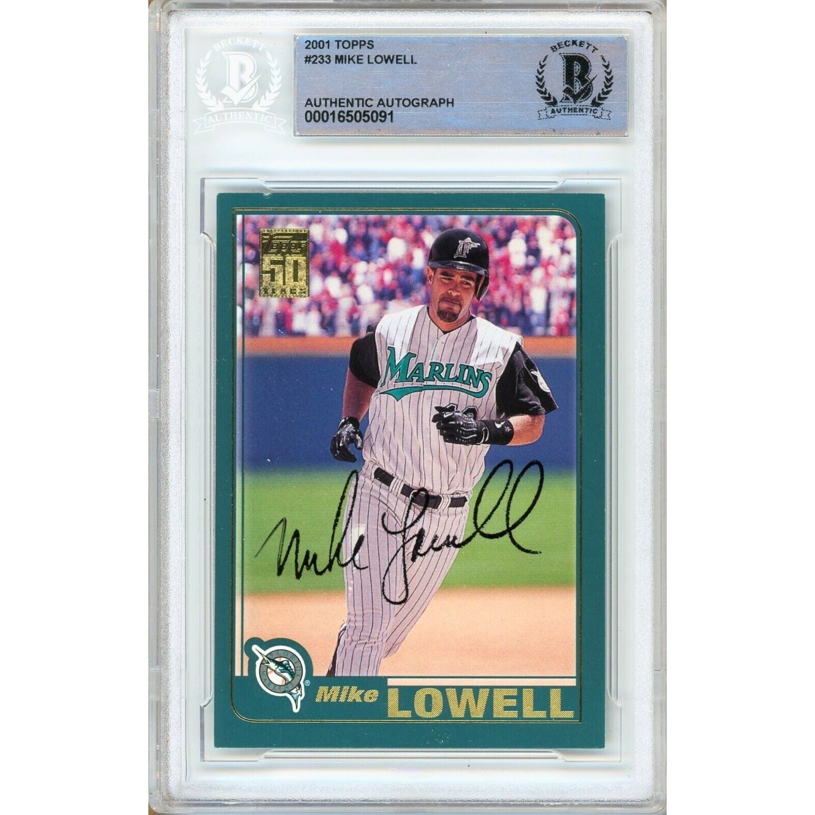 Mike Lowell Florida Marlins autographed trading card – full view – Beckett COA